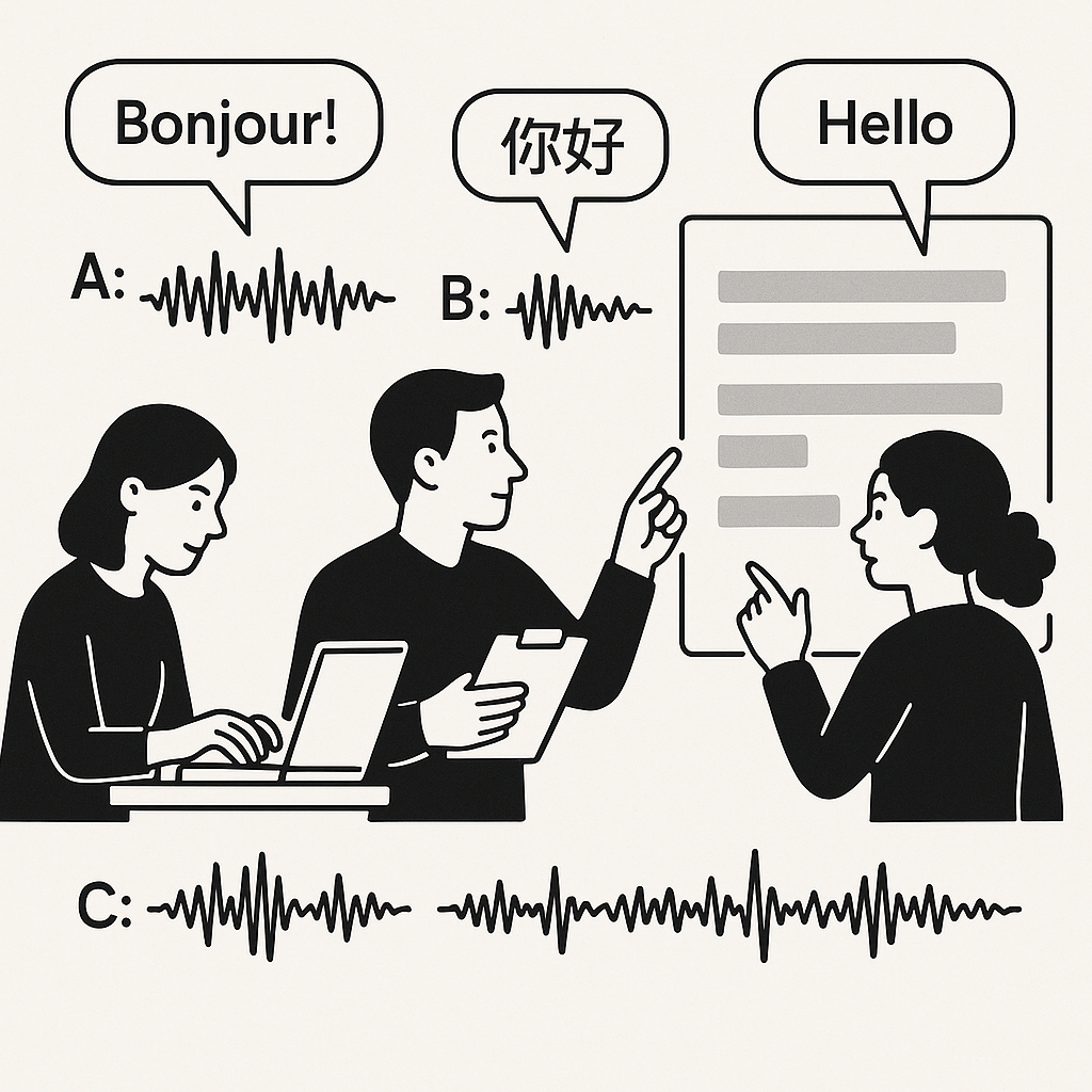 Illustration of academic researchers transcribing multilingual audio with anonymized transcripts and translation overlays.