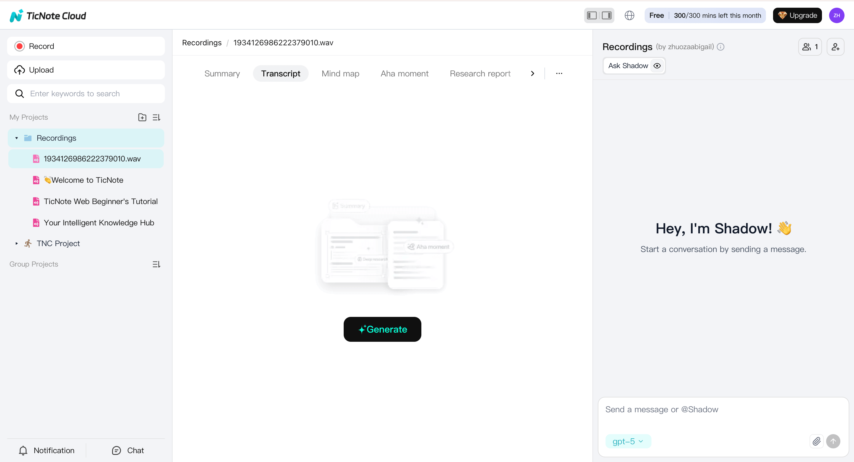 TicNote web studio dashboard with uploaded files on the left and a Transcript tab in the center area with a Generate button to create a transcript.