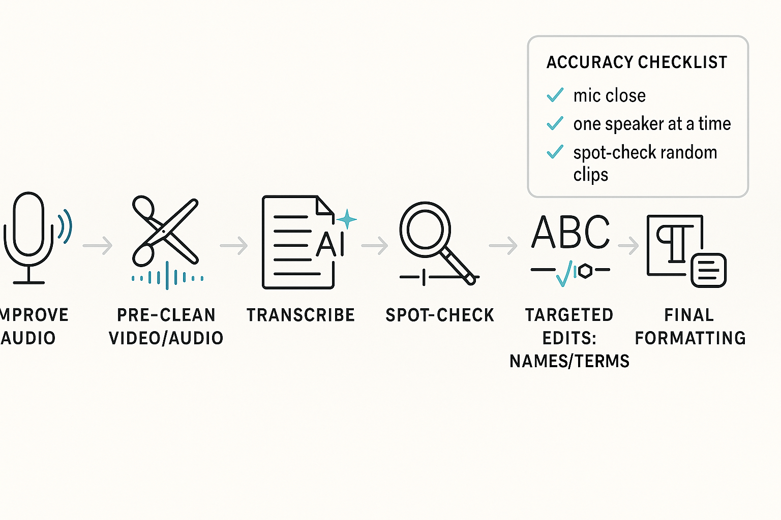 Process diagram showing how to transcribe a video accurately: improve audio, pre-clean, transcribe, spot-check, targeted edits for names and terms, and final formatting.