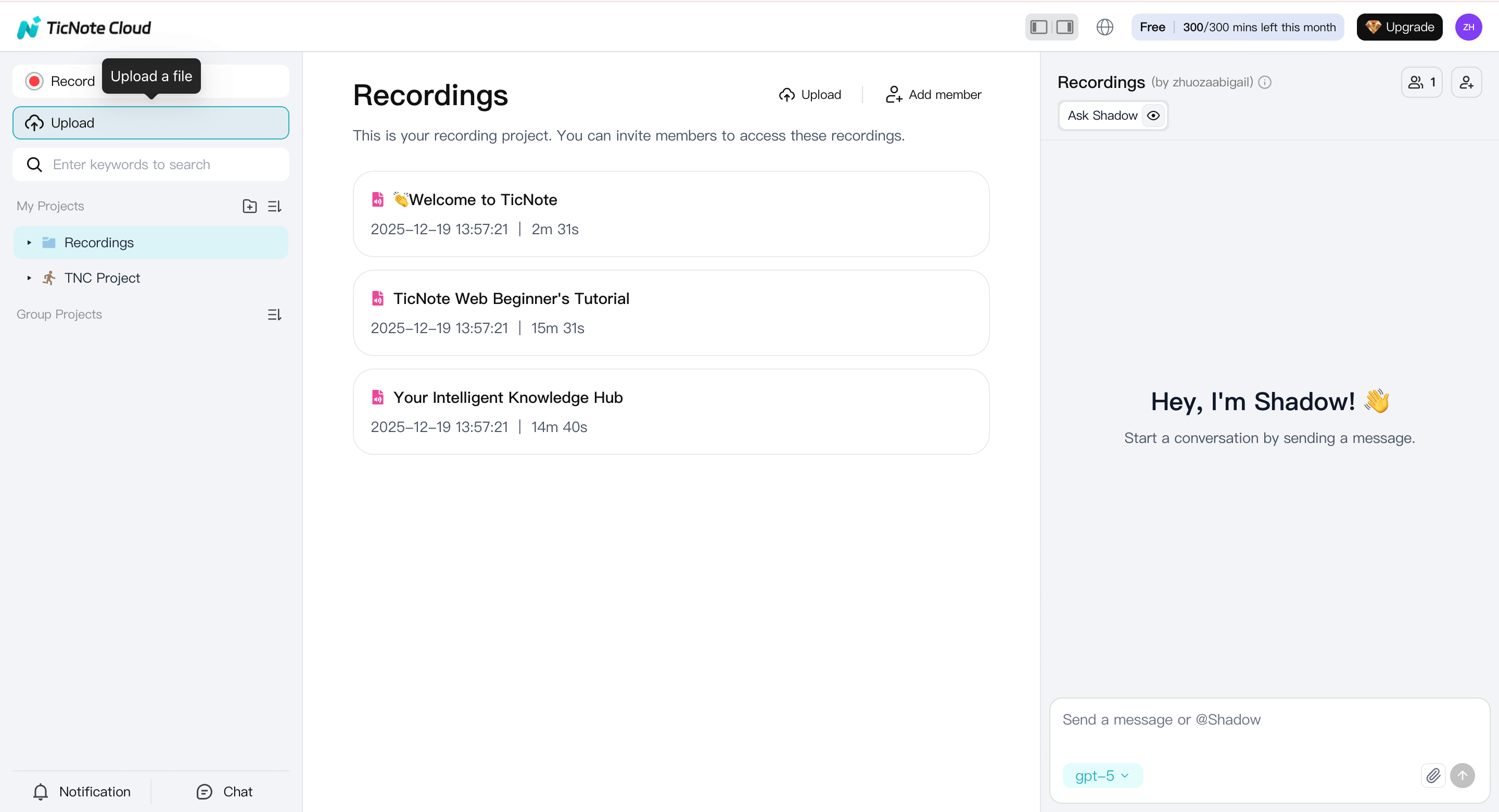 TicNote web studio interface showing the left sidebar with the project list and an Upload button at the top for adding audio or video files for the transcript.