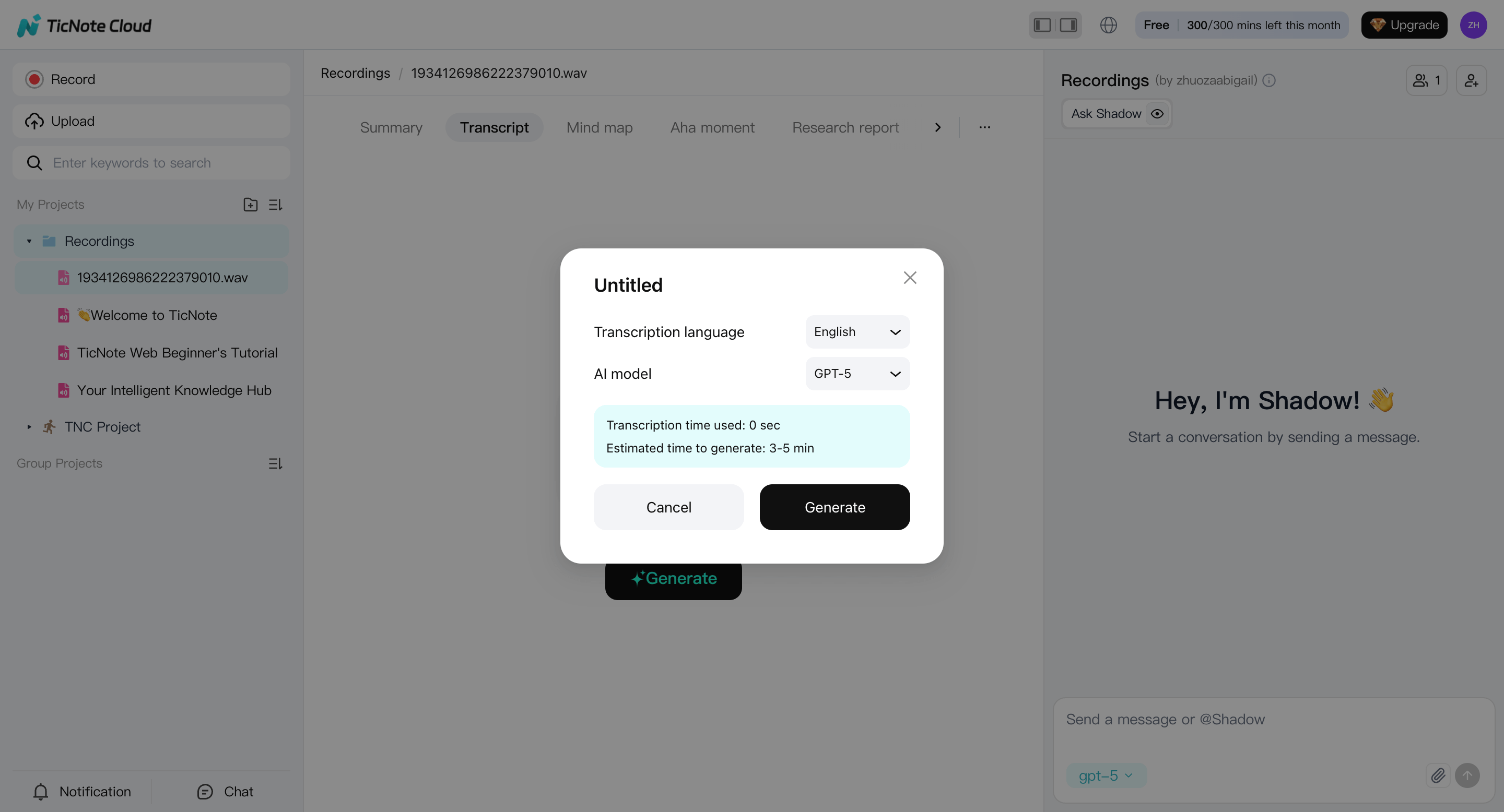 A pop-up window appears in the TicNote Interface, prompting you to choose the language and AI model for the transcription.