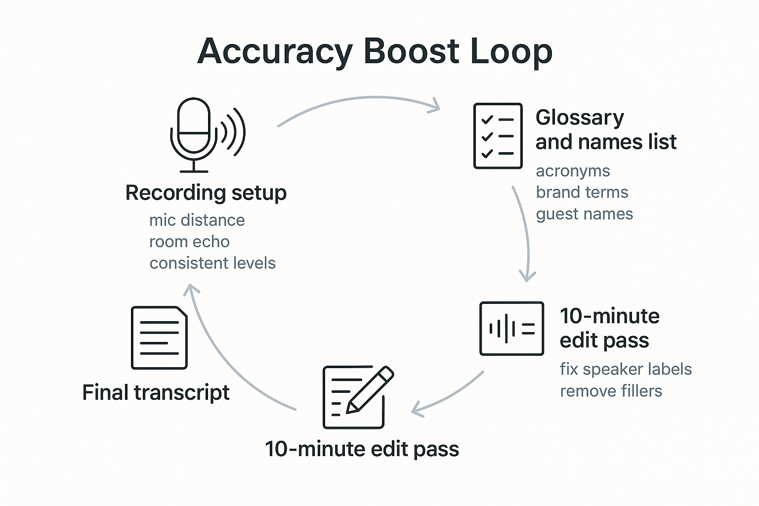 Accuracy boost loop to transcribe a podcast better
