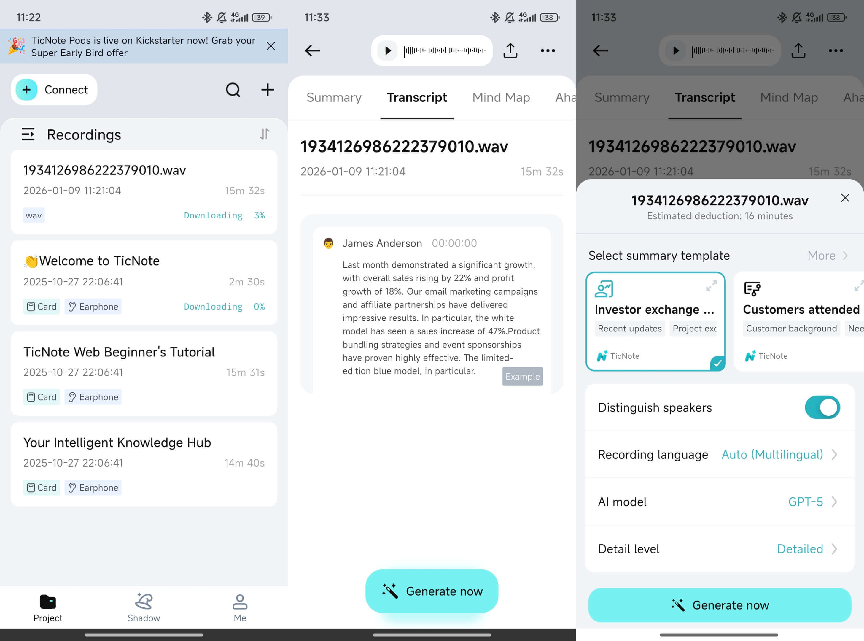 Get ready to transcript file on the TiCnote app