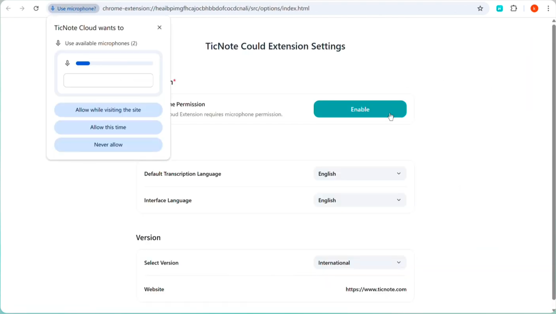 TicNote Cloud extension menu opened in Chrome showing options including Settings.