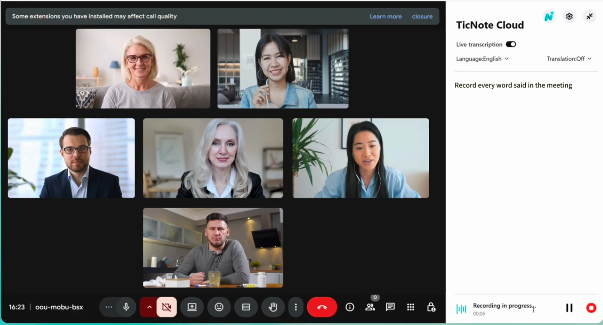 Record Google Meet, Zoom, or Teams online meeting using the TicNote web extension