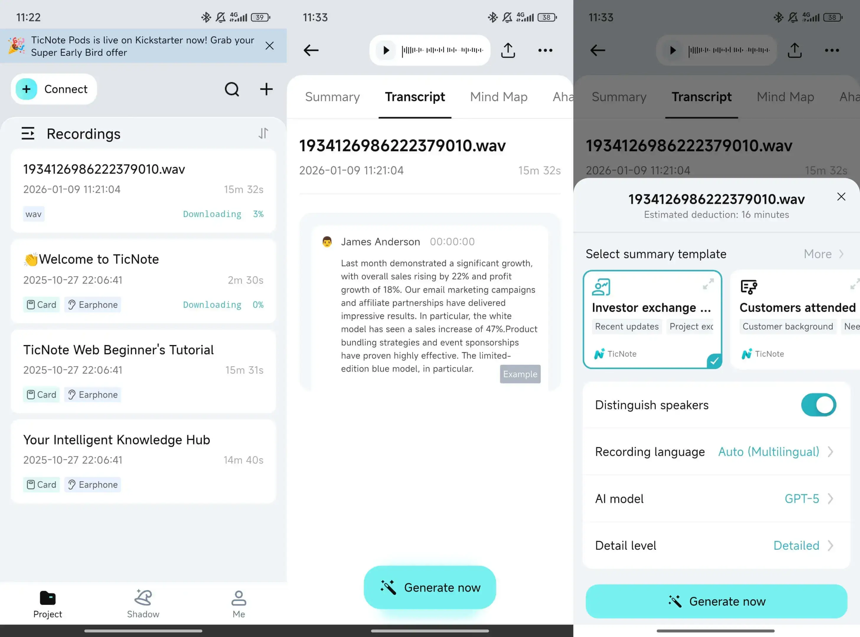 Get ready to transcript file on the TicNote app