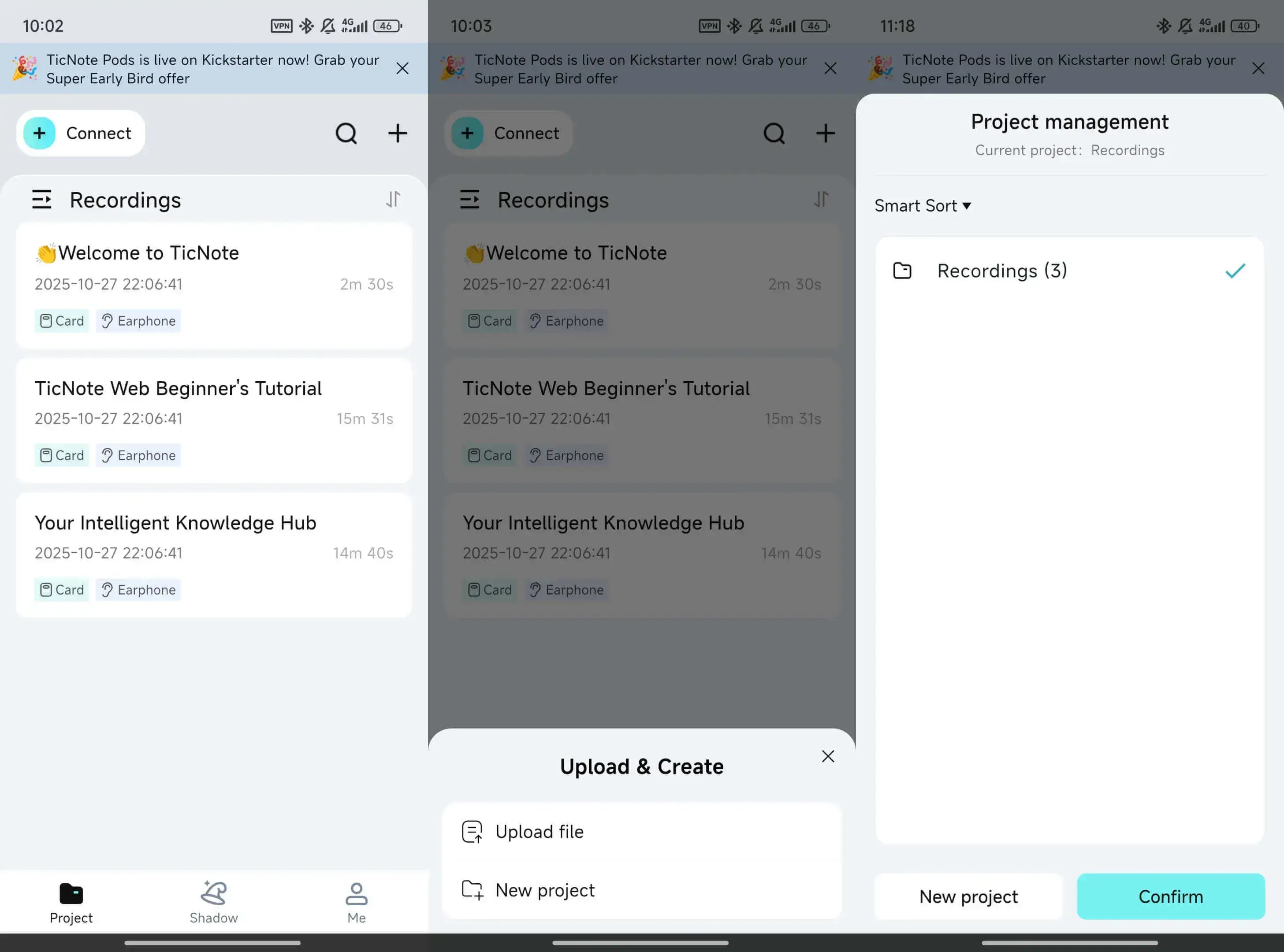 Upload file to a project on the TicNote app