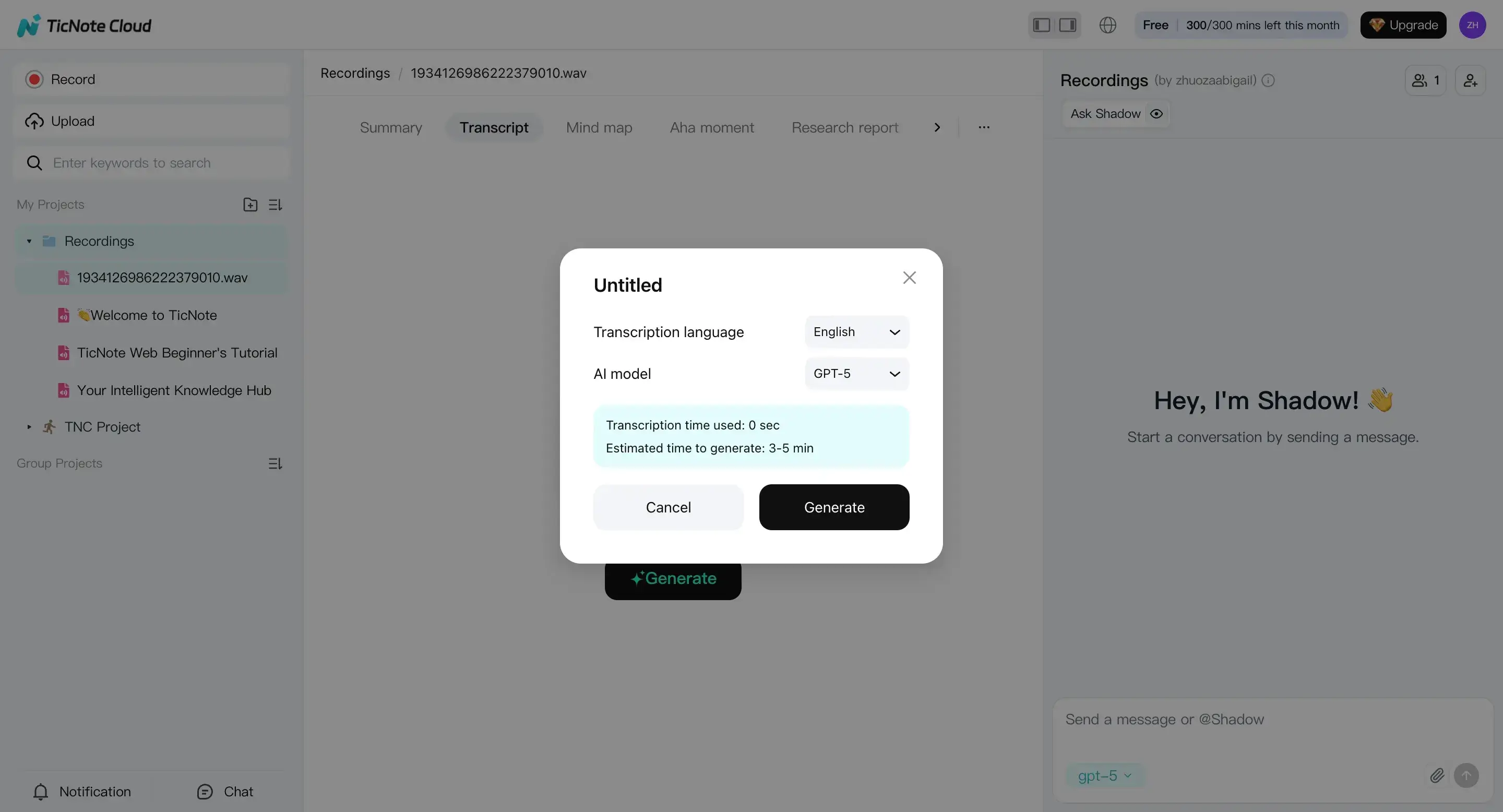Select transcription language and AI model in the TicNote web Select transcription language and AI model in the TicNote web