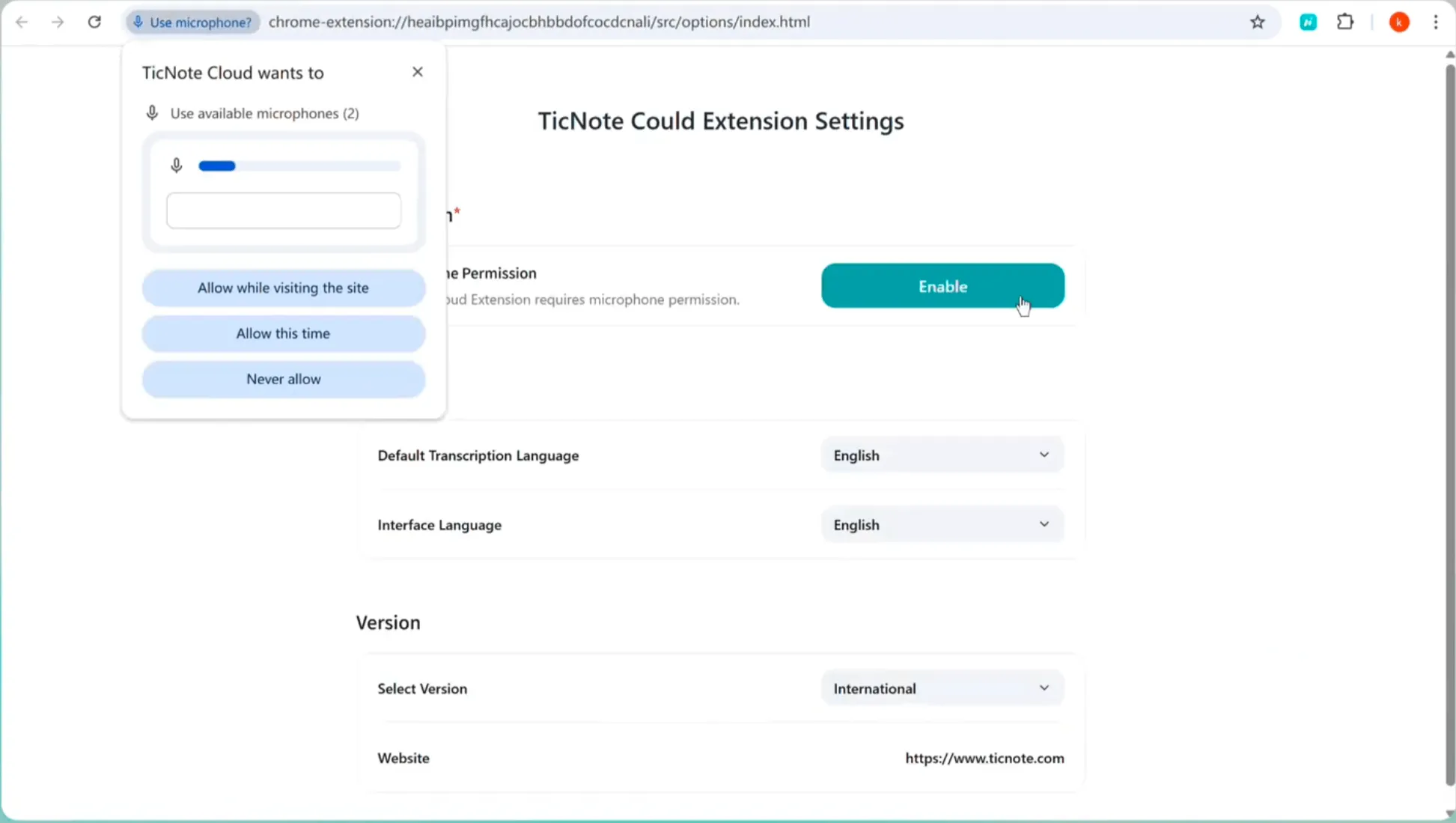 Enable the TicNote Cloud extension to use microphones