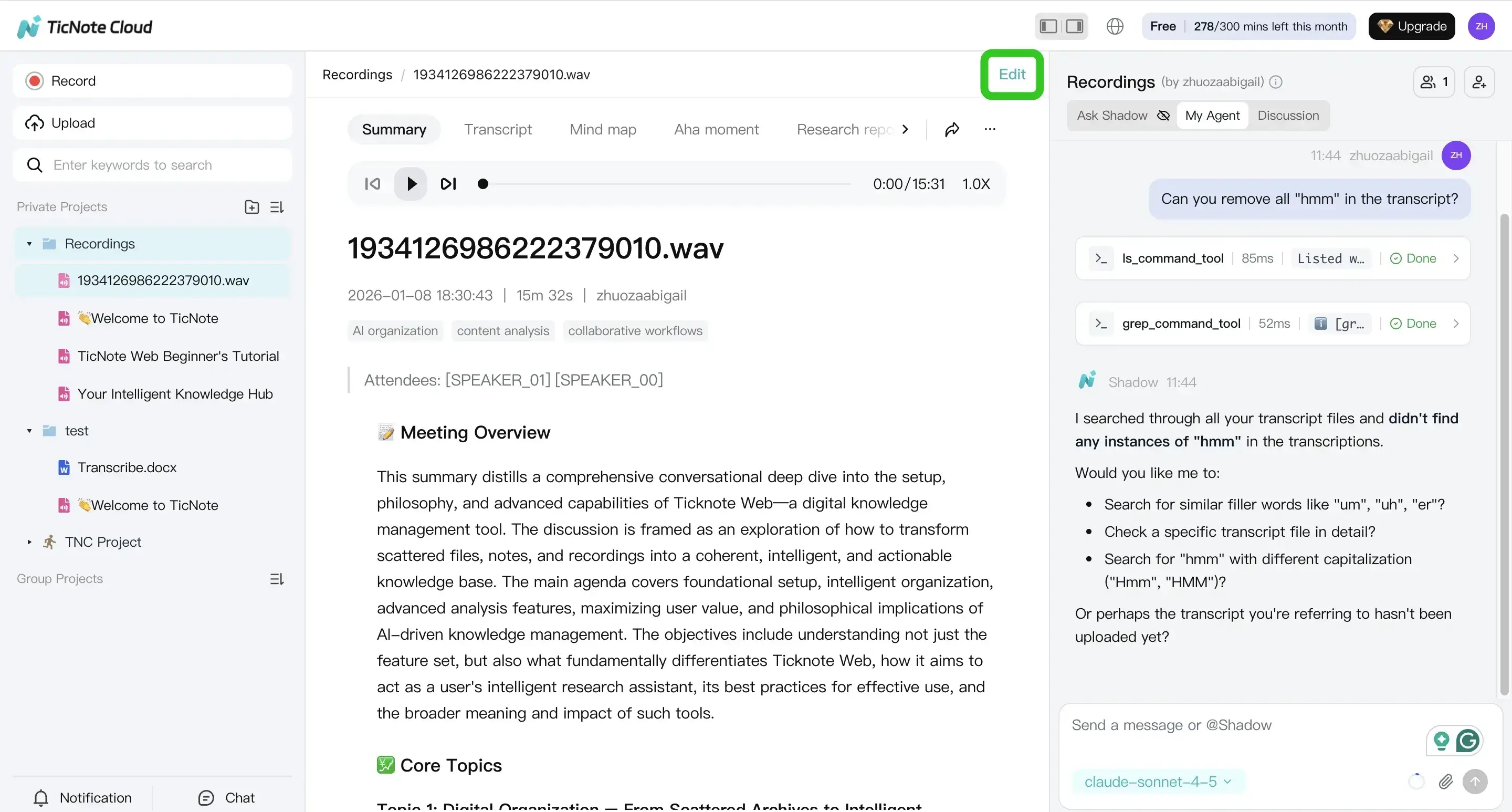Edit transcription manually or using Shadow AI in the TicNote Cloud