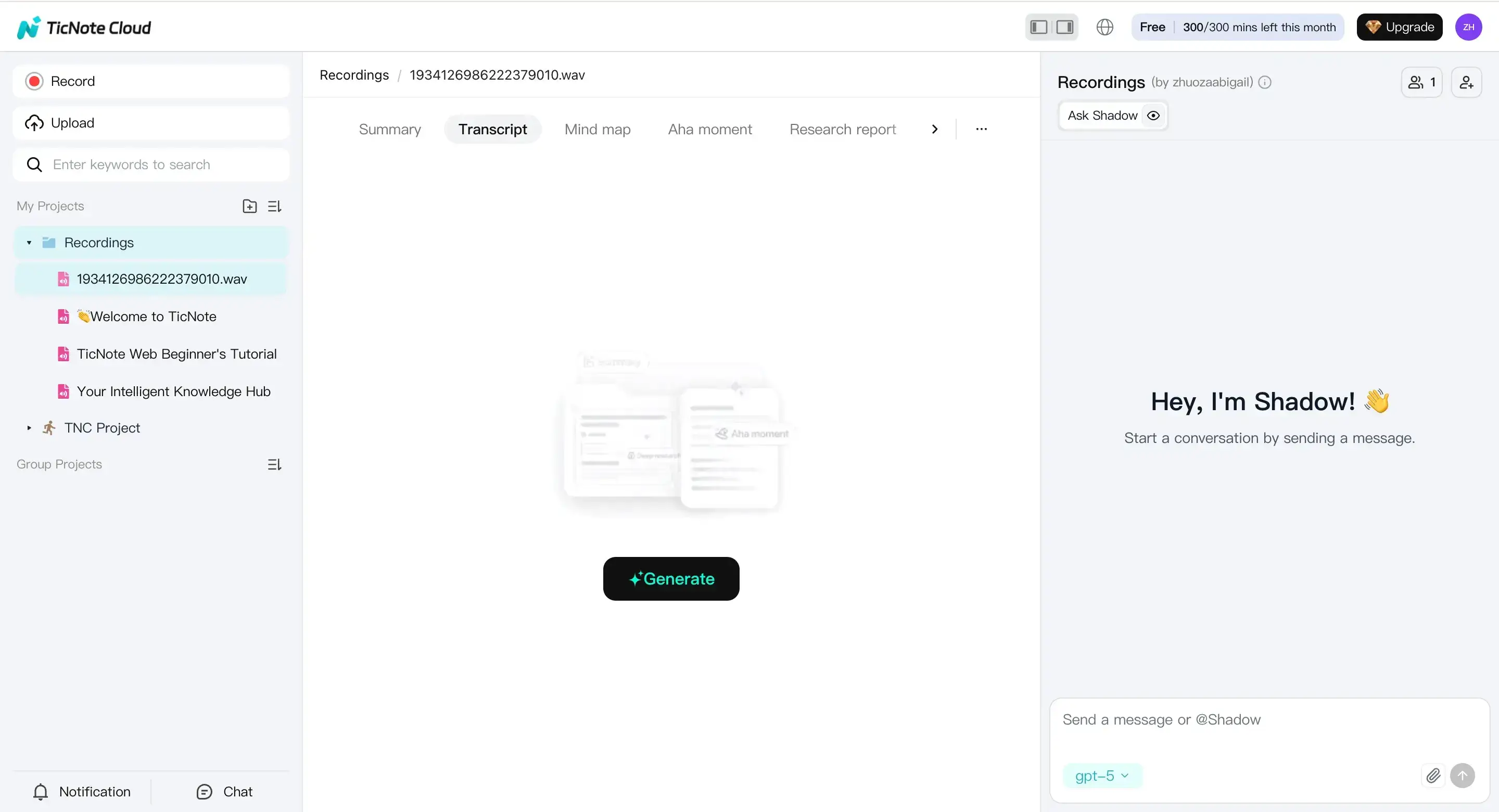 Click the generate transcript button on TicNote Cloud web studio
