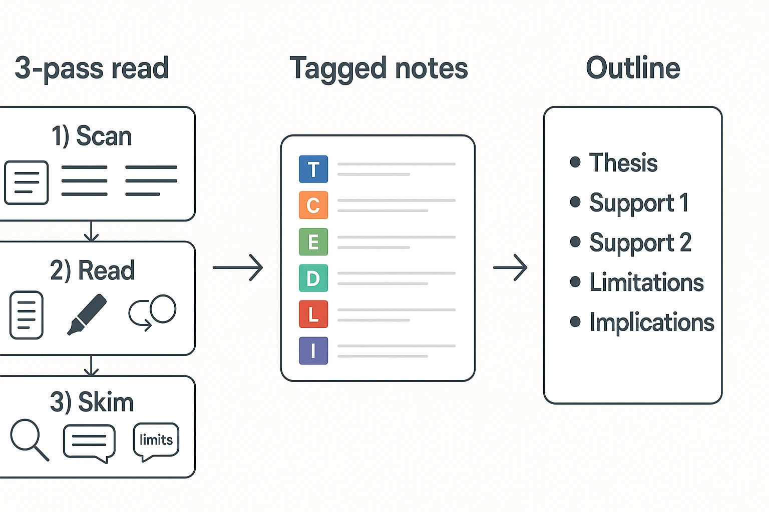 3-pass notes workflow for how to summarize an article