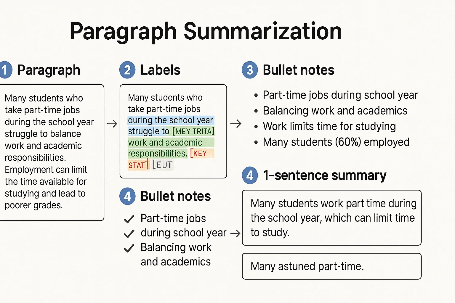 How to summarize a paragraph: labeled steps diagram