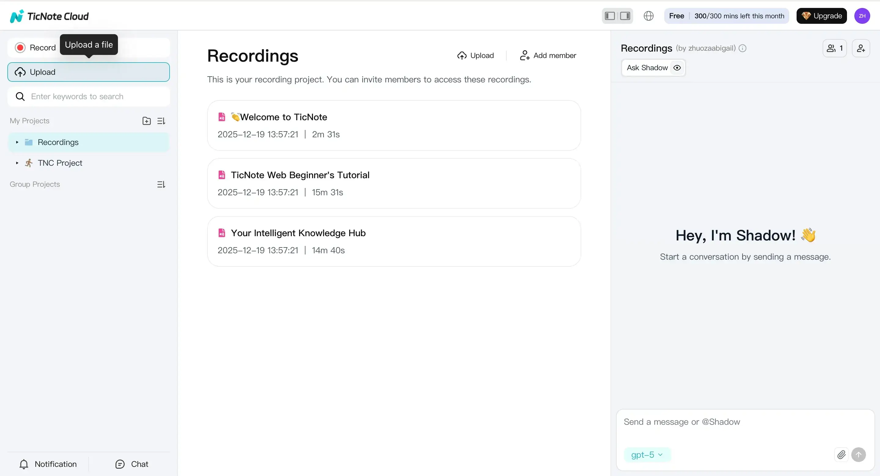 Upload a file to a project in TicNote Cloud web studio