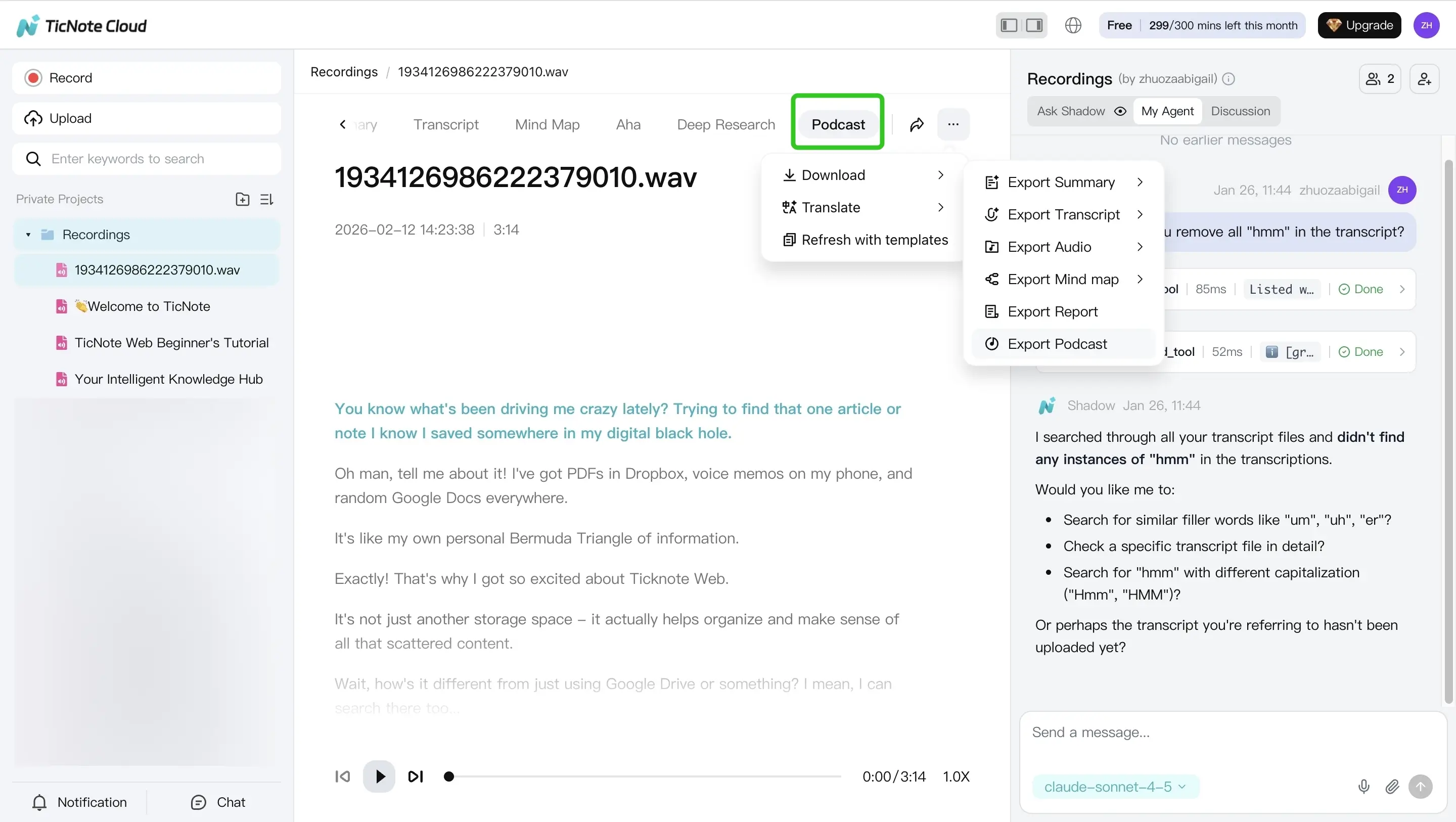 Export podcast of the file on TicNote Cloud