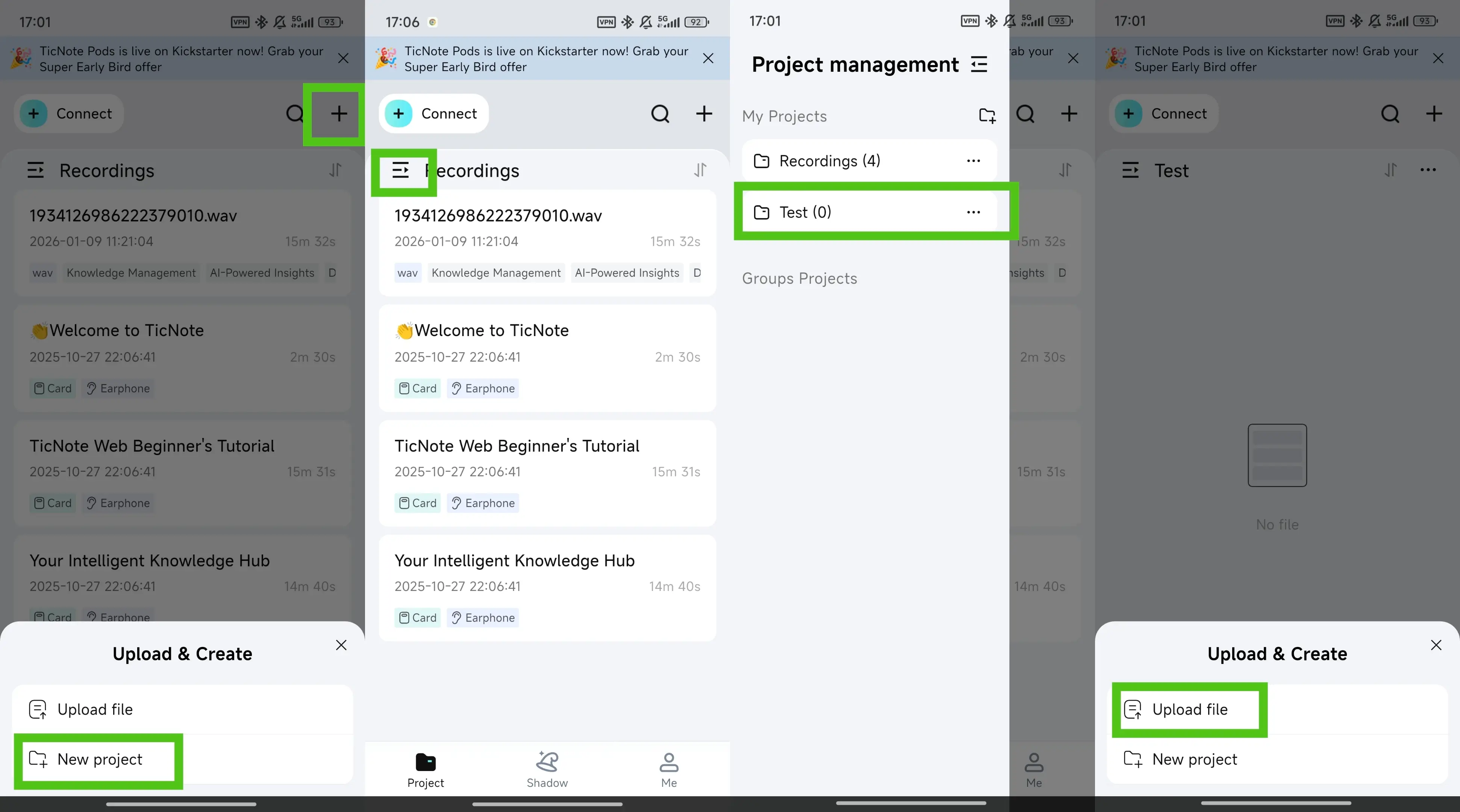 Upload file to a new project on TicNote mobile app