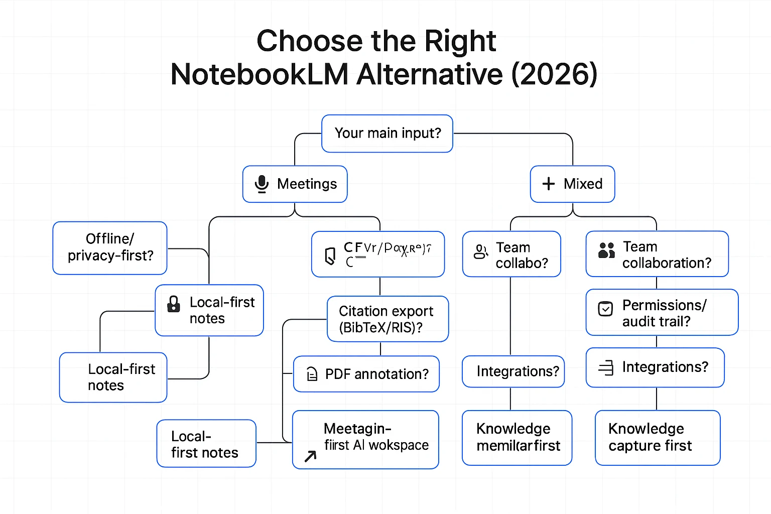 NotebookLM alternatives diagram: inputs, categories, and outputs