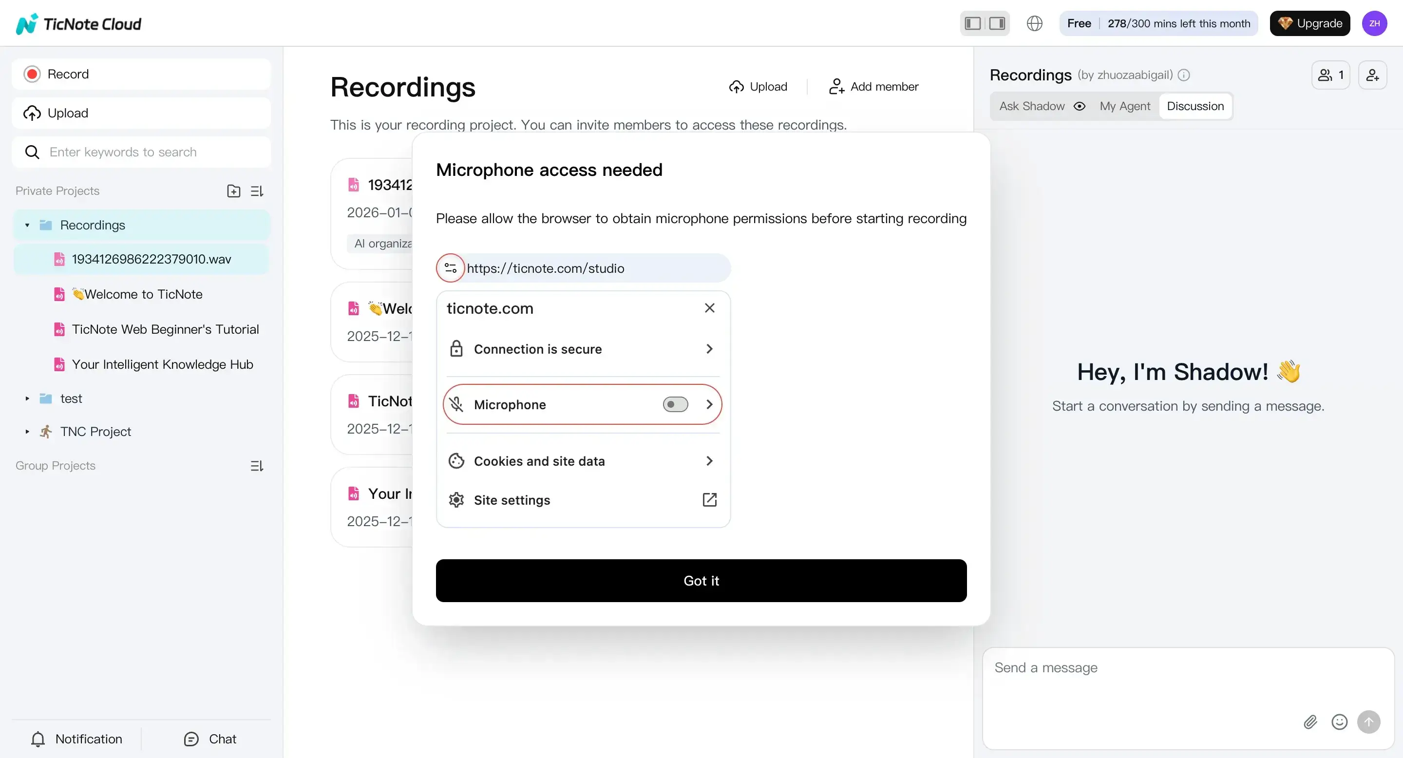 Enable microphone access in the TicNote Cloud
