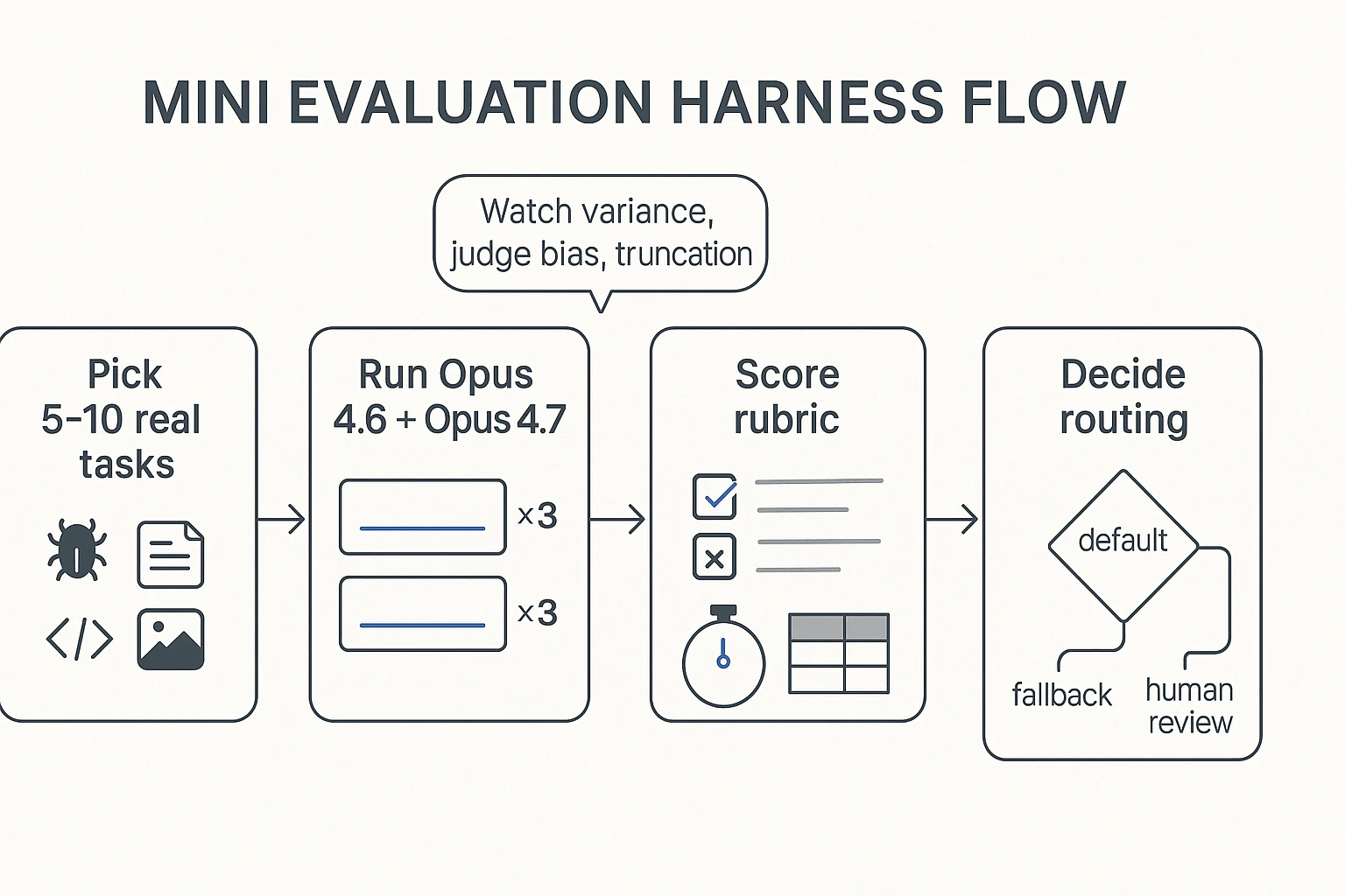 Claude Opus 4.7 benchmark validation harness flow