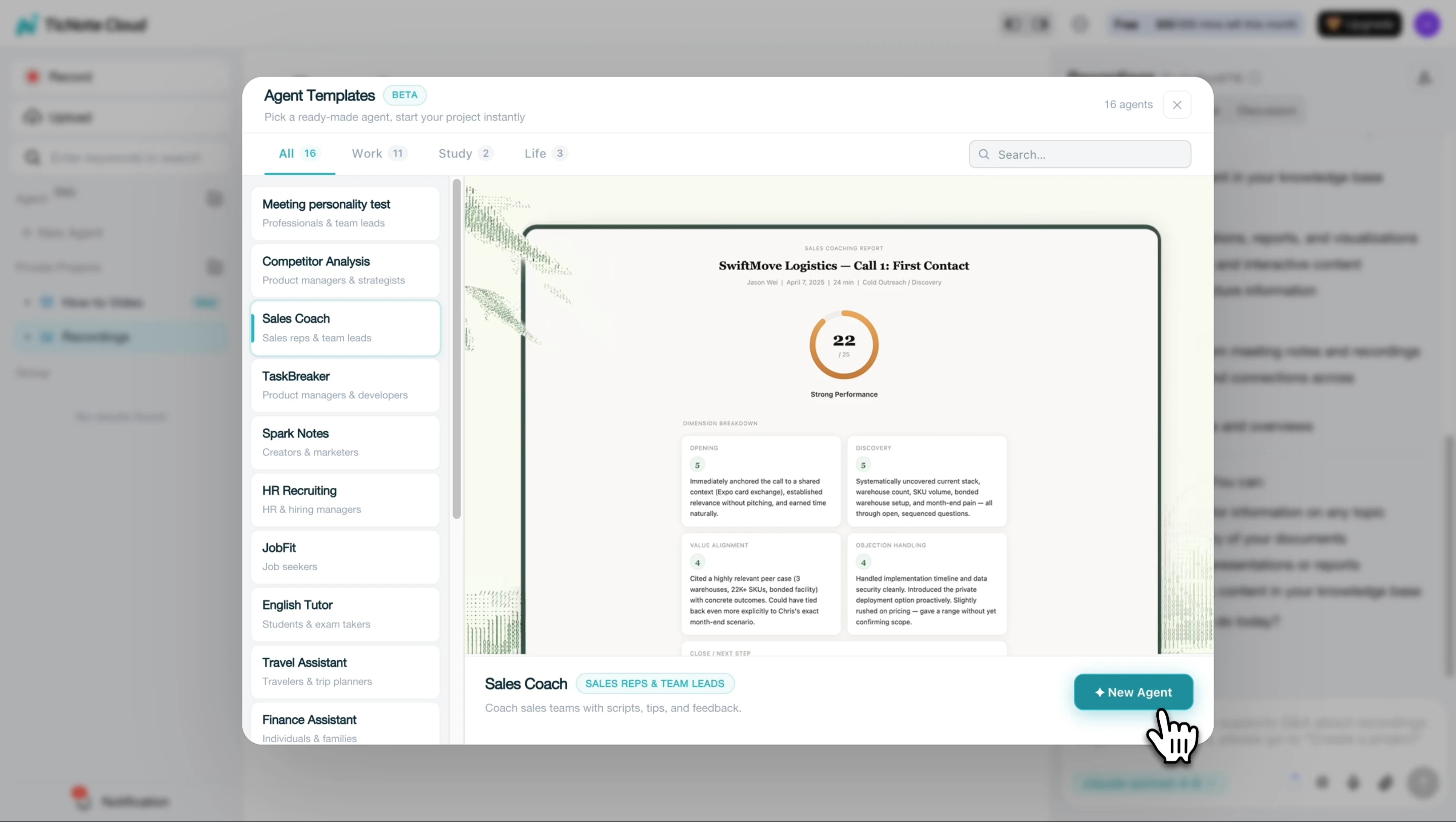 Choose sales coach skill agent on TicNote Cloud