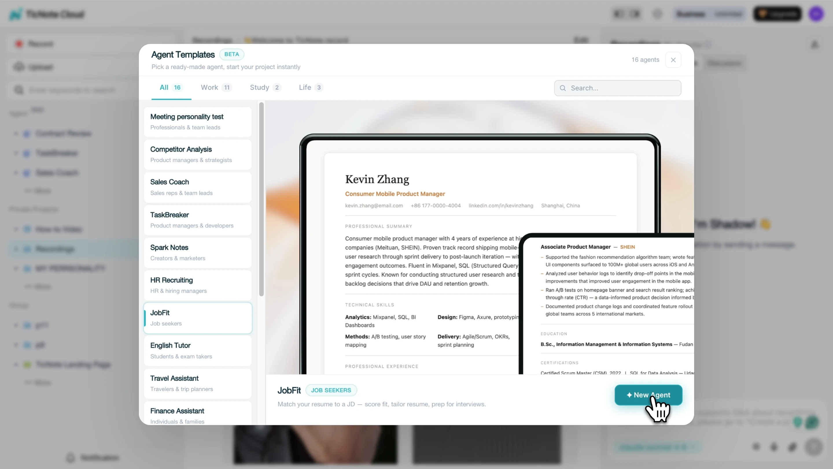 Choose JobFit skill agent on TicNote Cloud