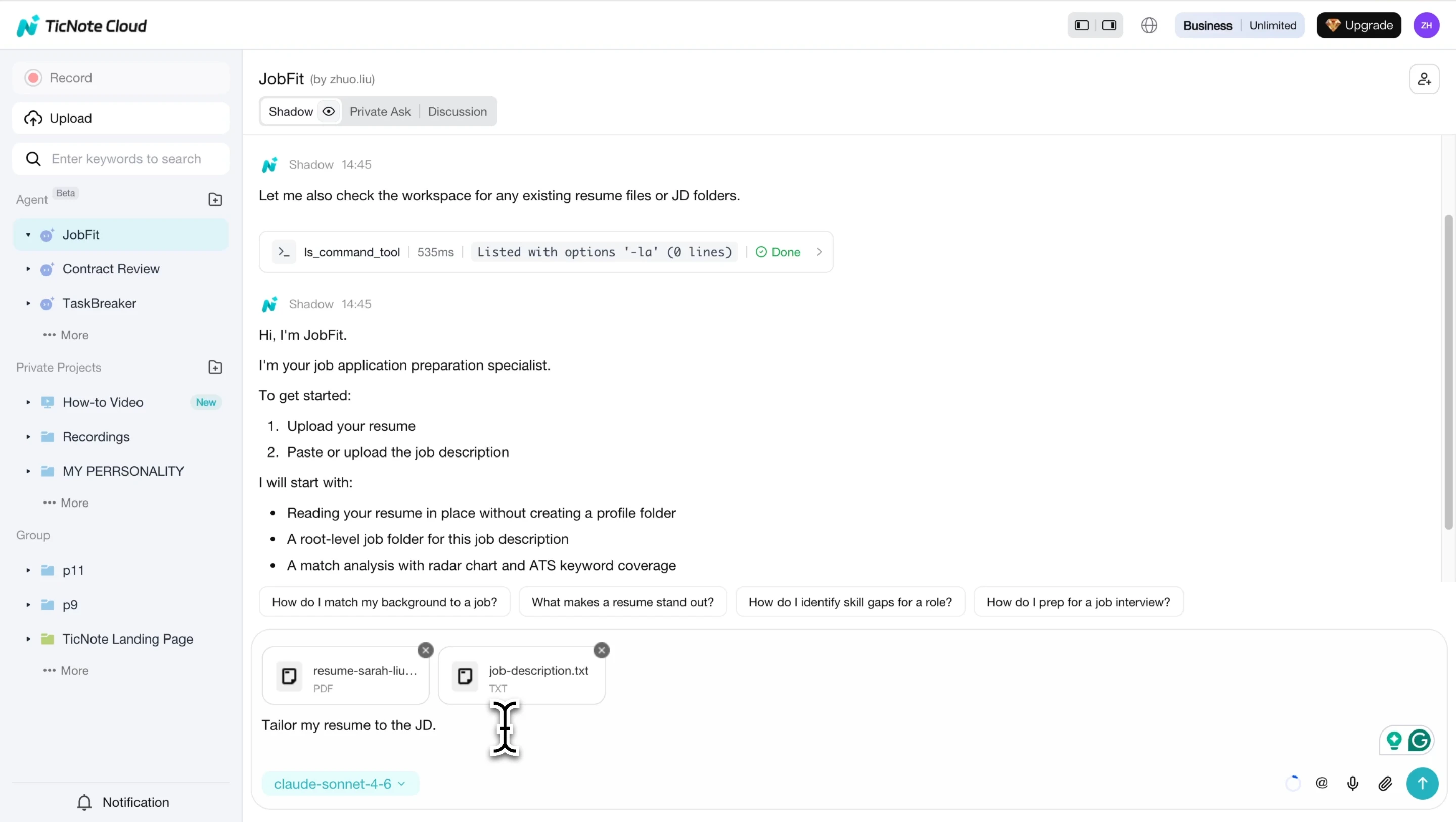 Upload resume and paste job description to the agent