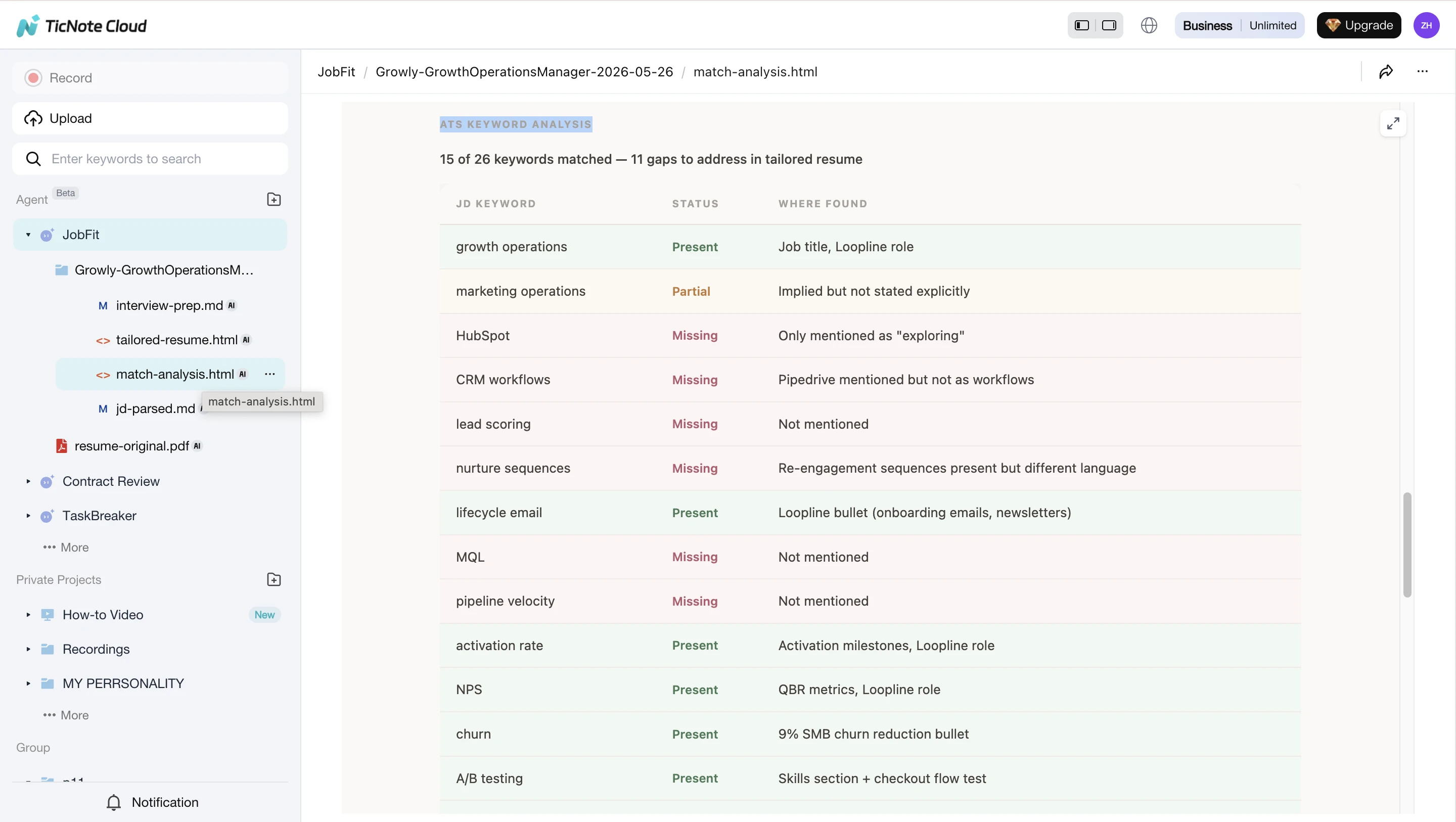 View match analysis report with radar chart and ATS keyword coverage