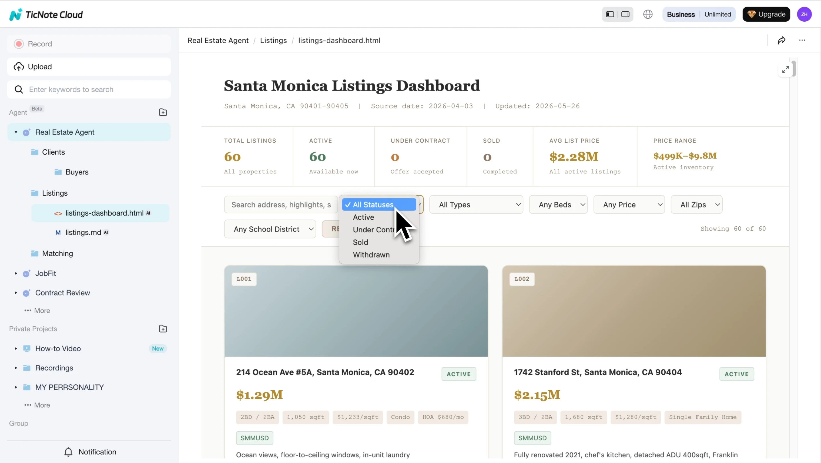 View searchable listings dashboard with status and filters View searchable listings dashboard with status and filters