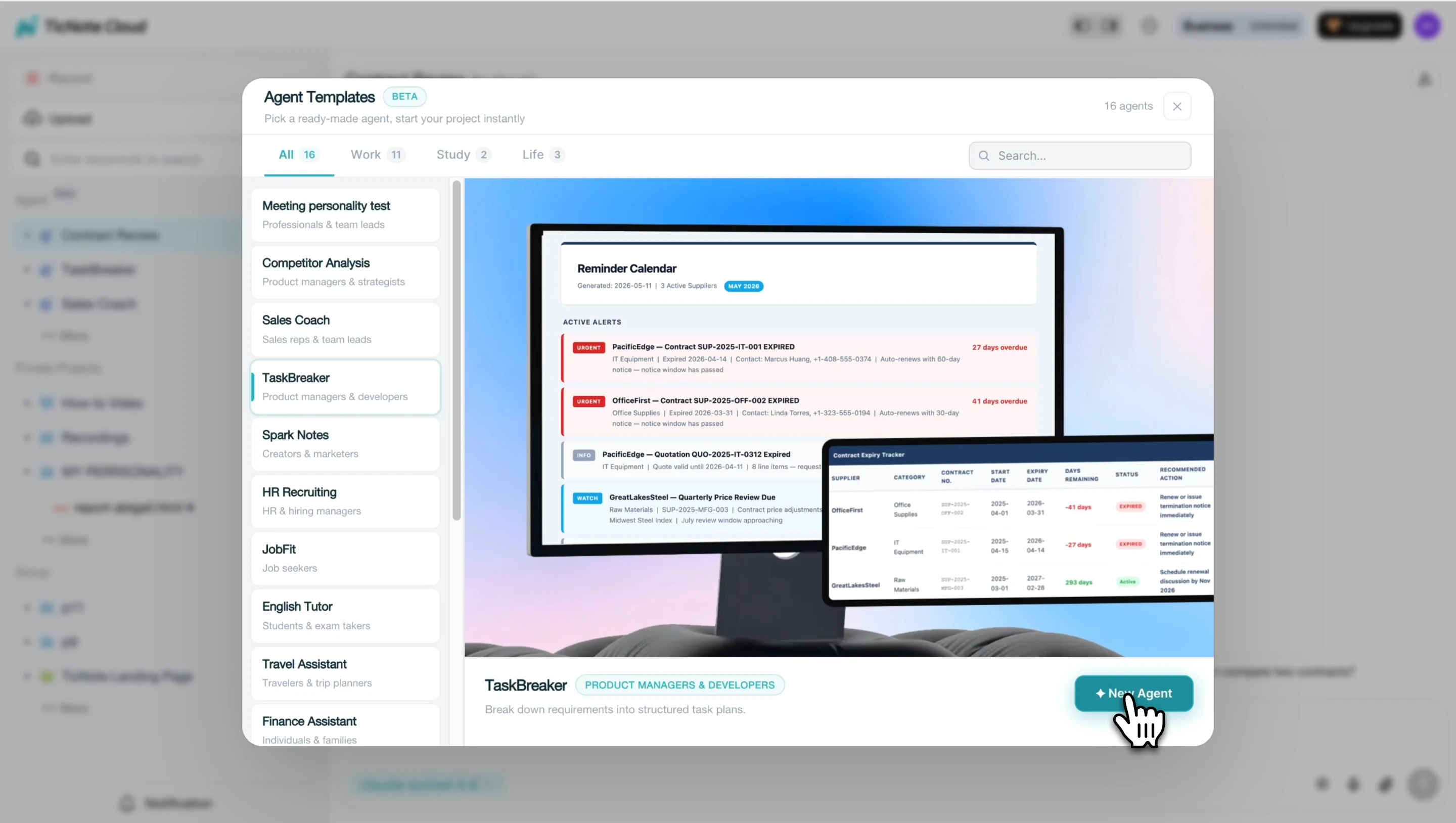 Choose TaskBreaker skill agent on TicNote Cloud