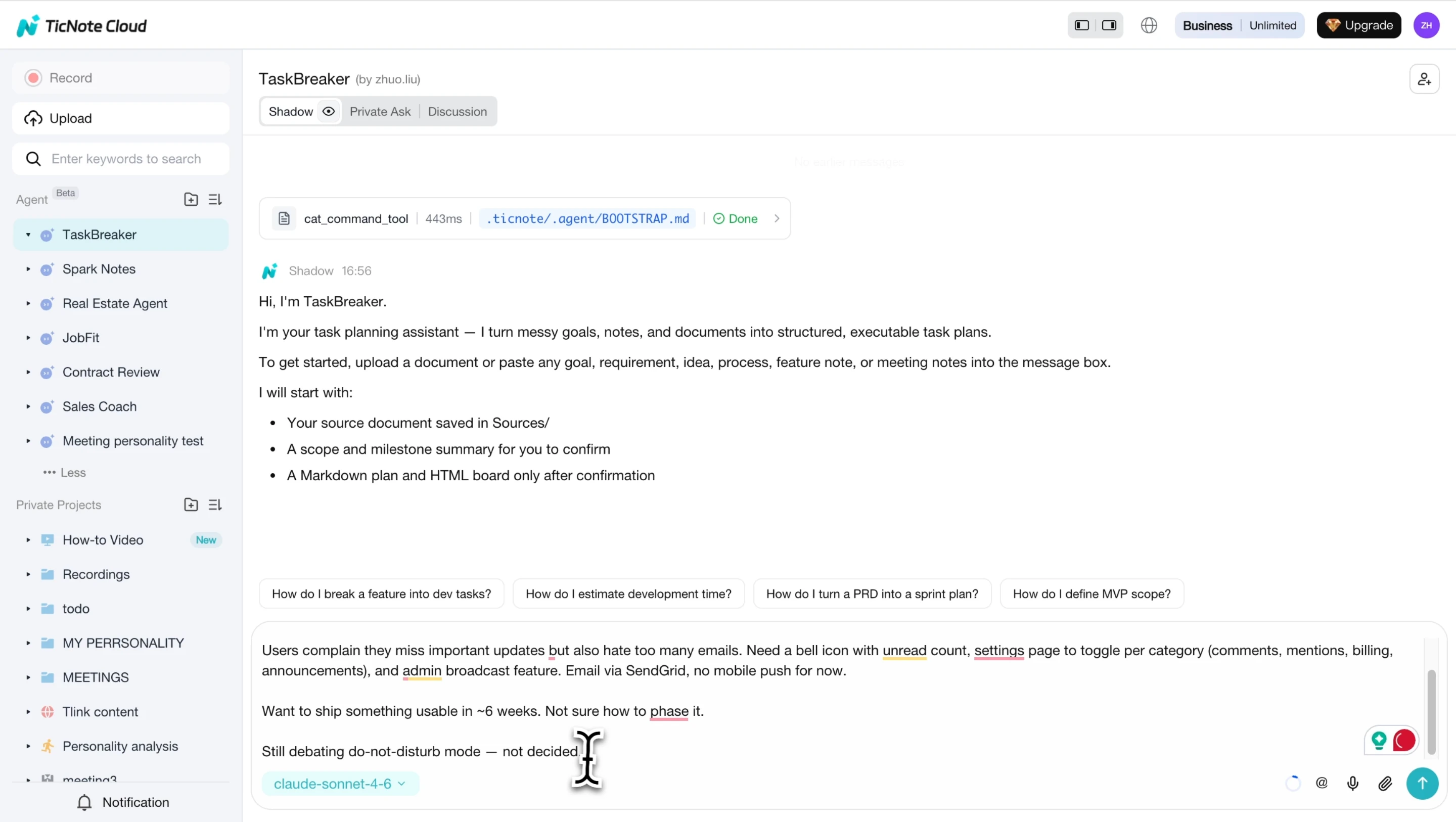 Pasting a product document into TicNote Cloud TaskBreaker agent