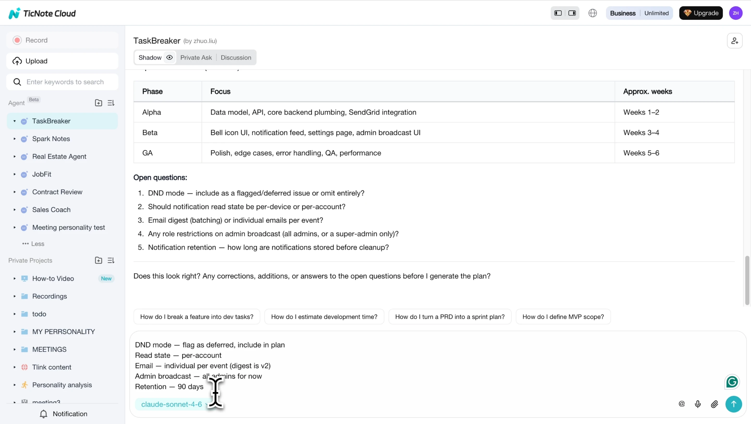 Generated project plan with issues and milestones in TicNote Cloud