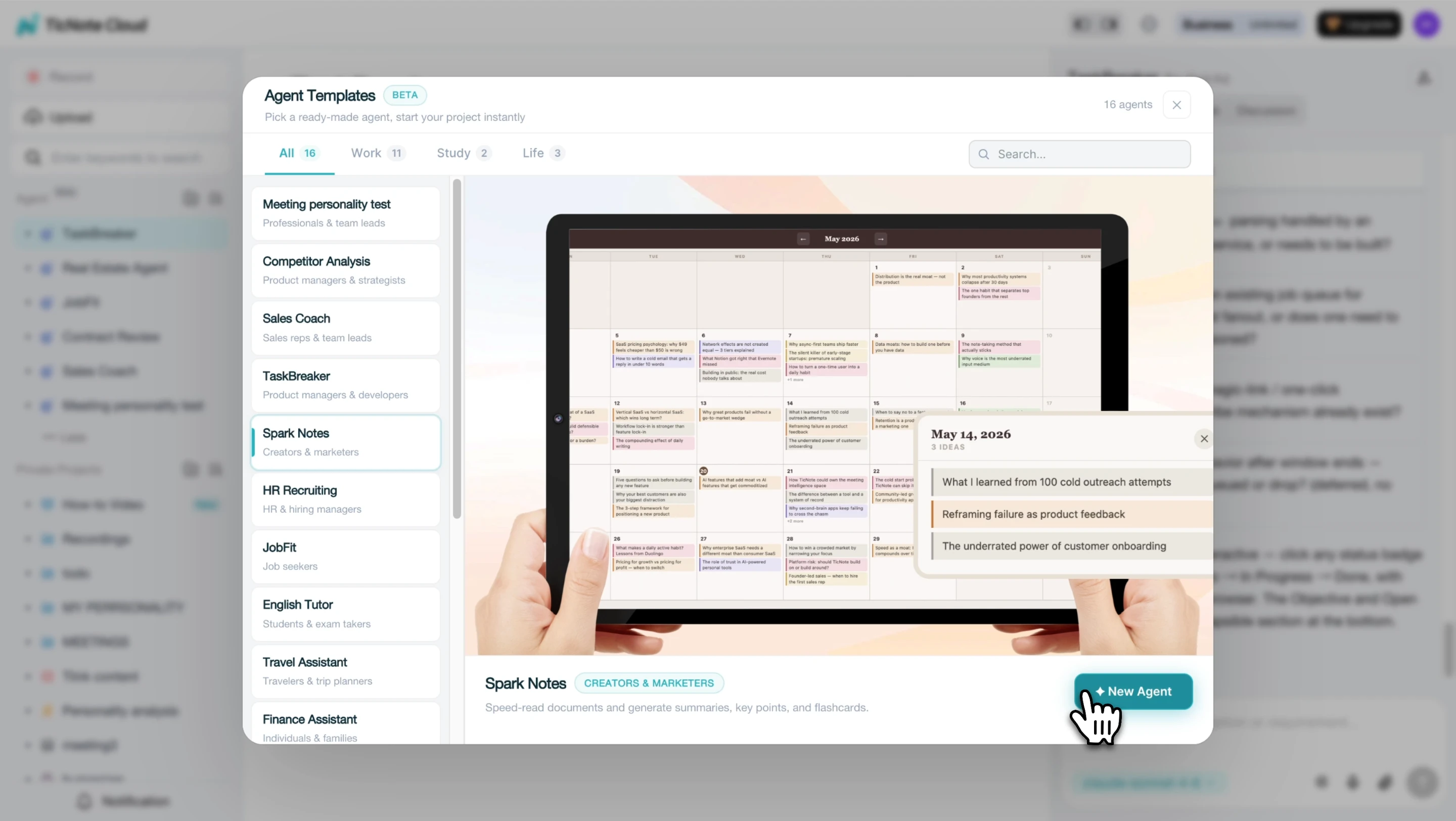 Spark Notes skill agent selected in TicNote Cloud workspace