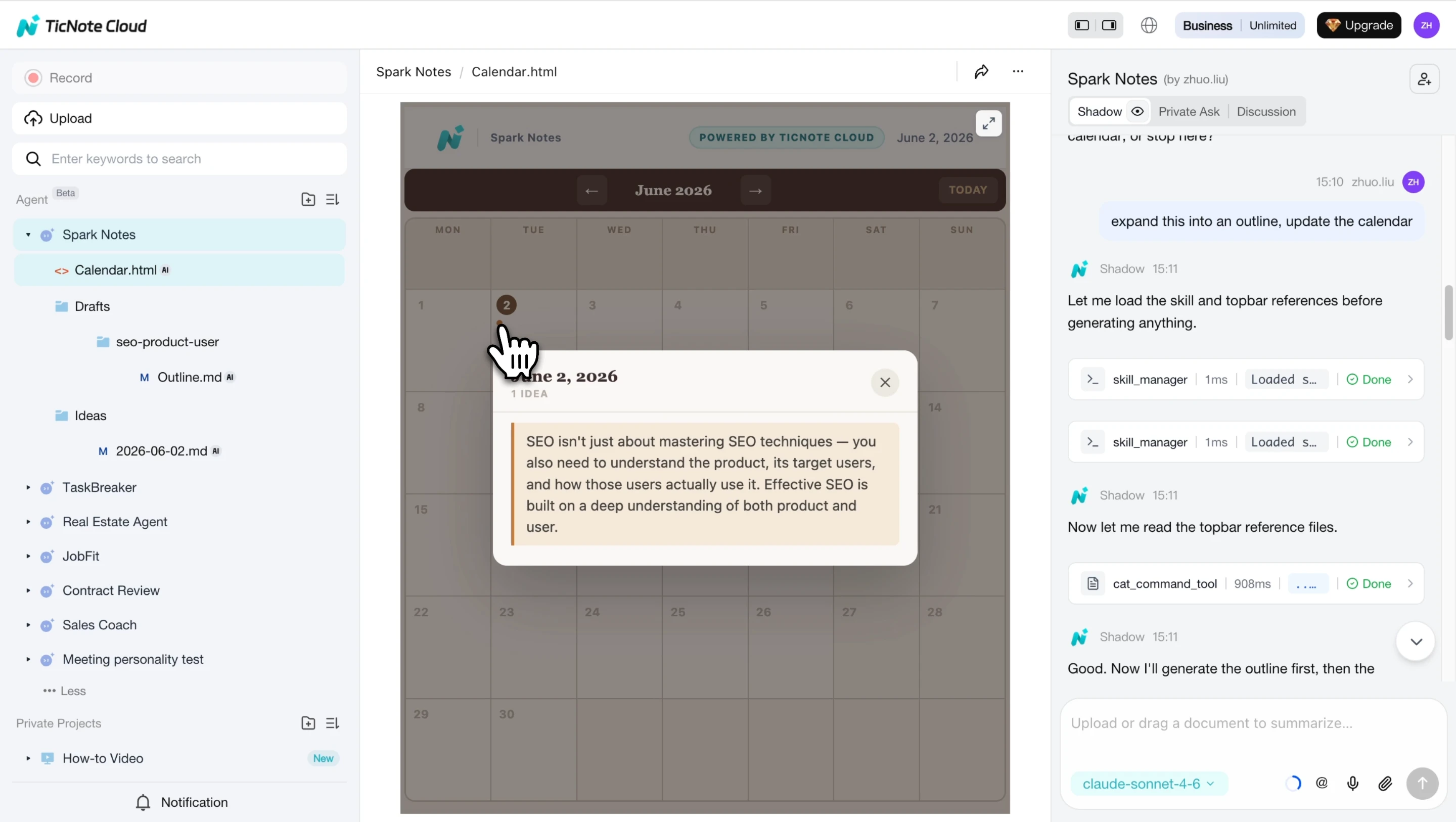 Browse the Ideas Calendar, click any date to see your captured ideas by pillar