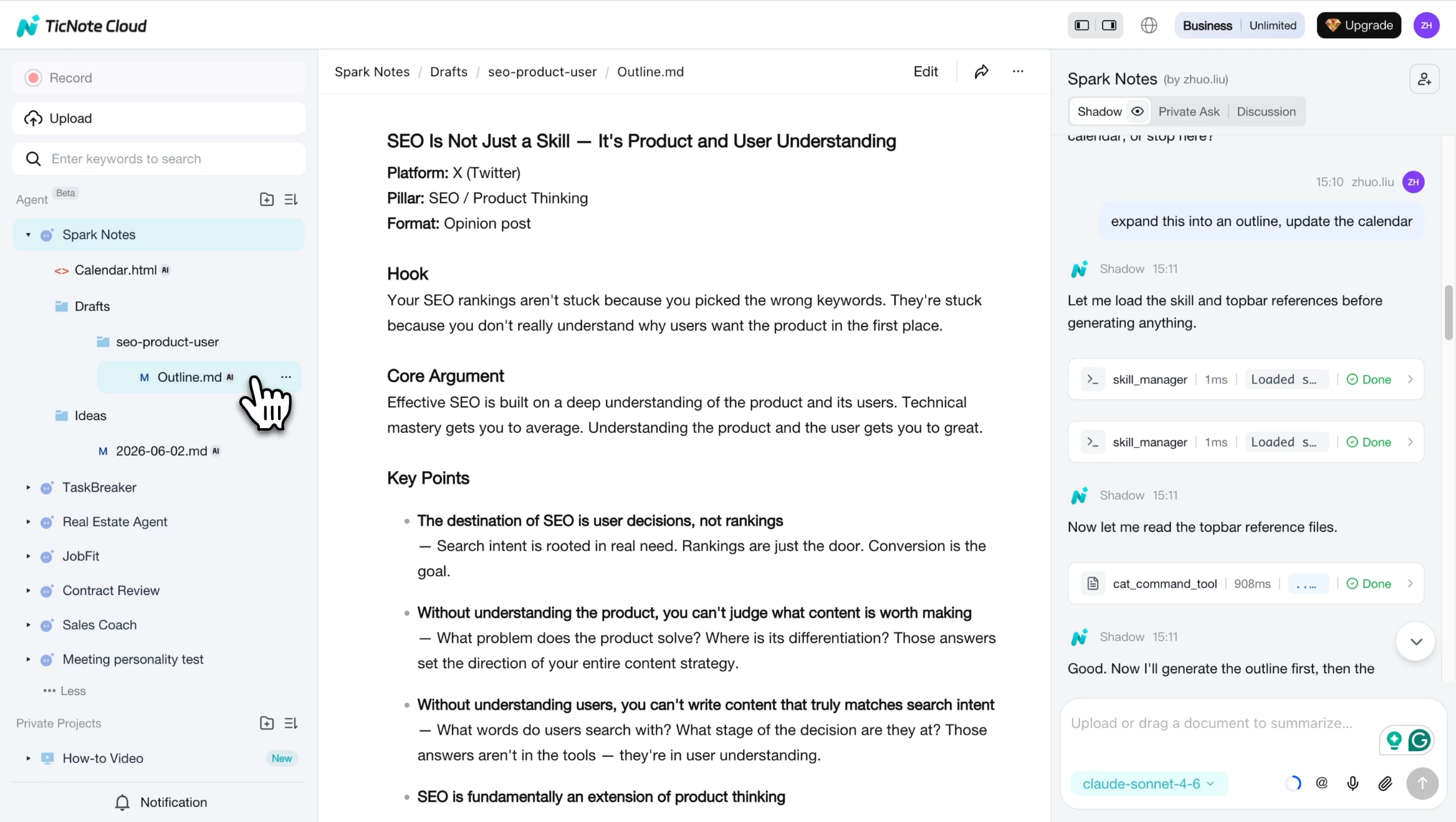 Generated content outline, hook, core argument, key points, and CTA ready to write from