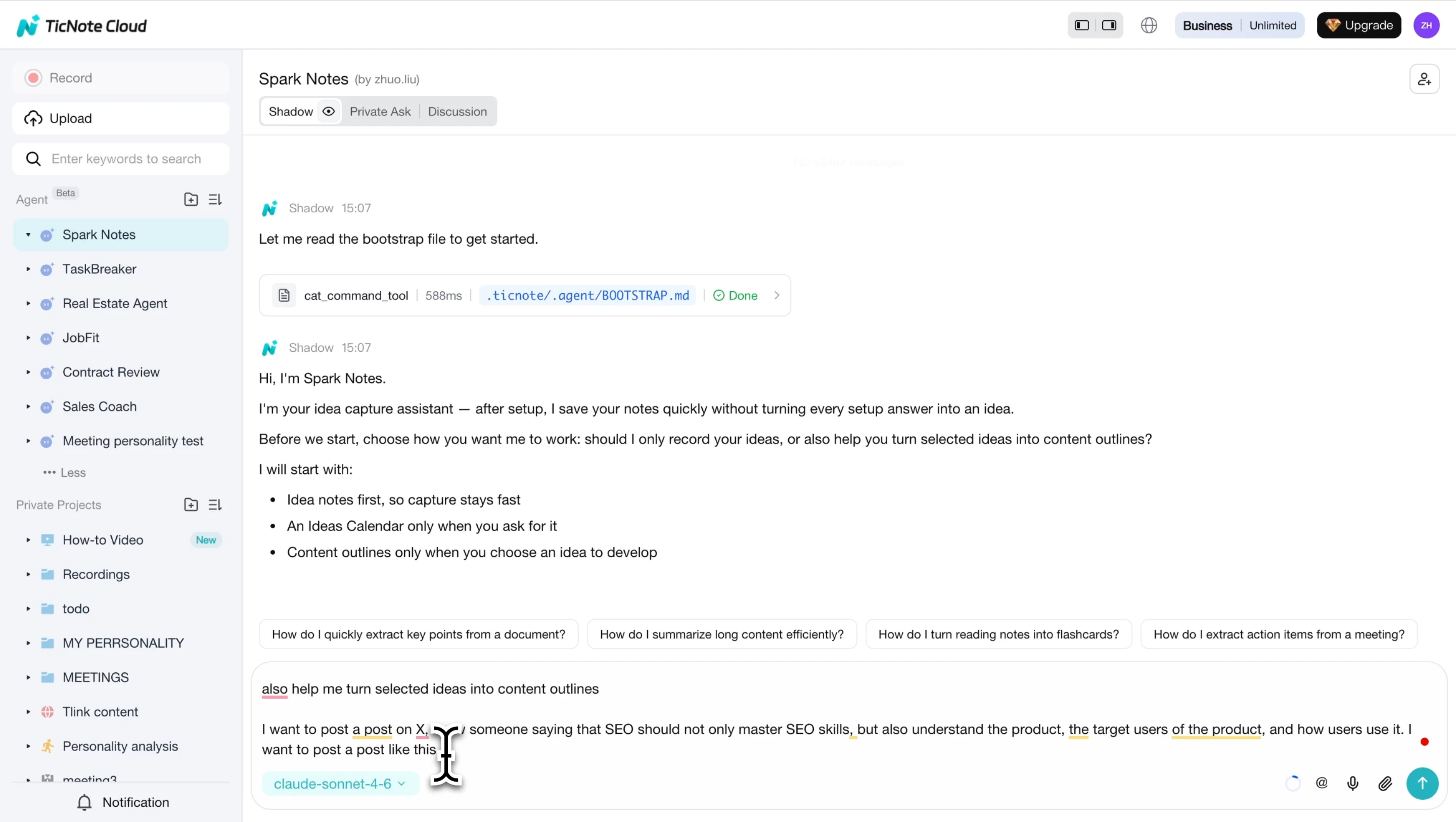 Start typing any creative spark, Spark Notes saves it instantly and the calendar updates