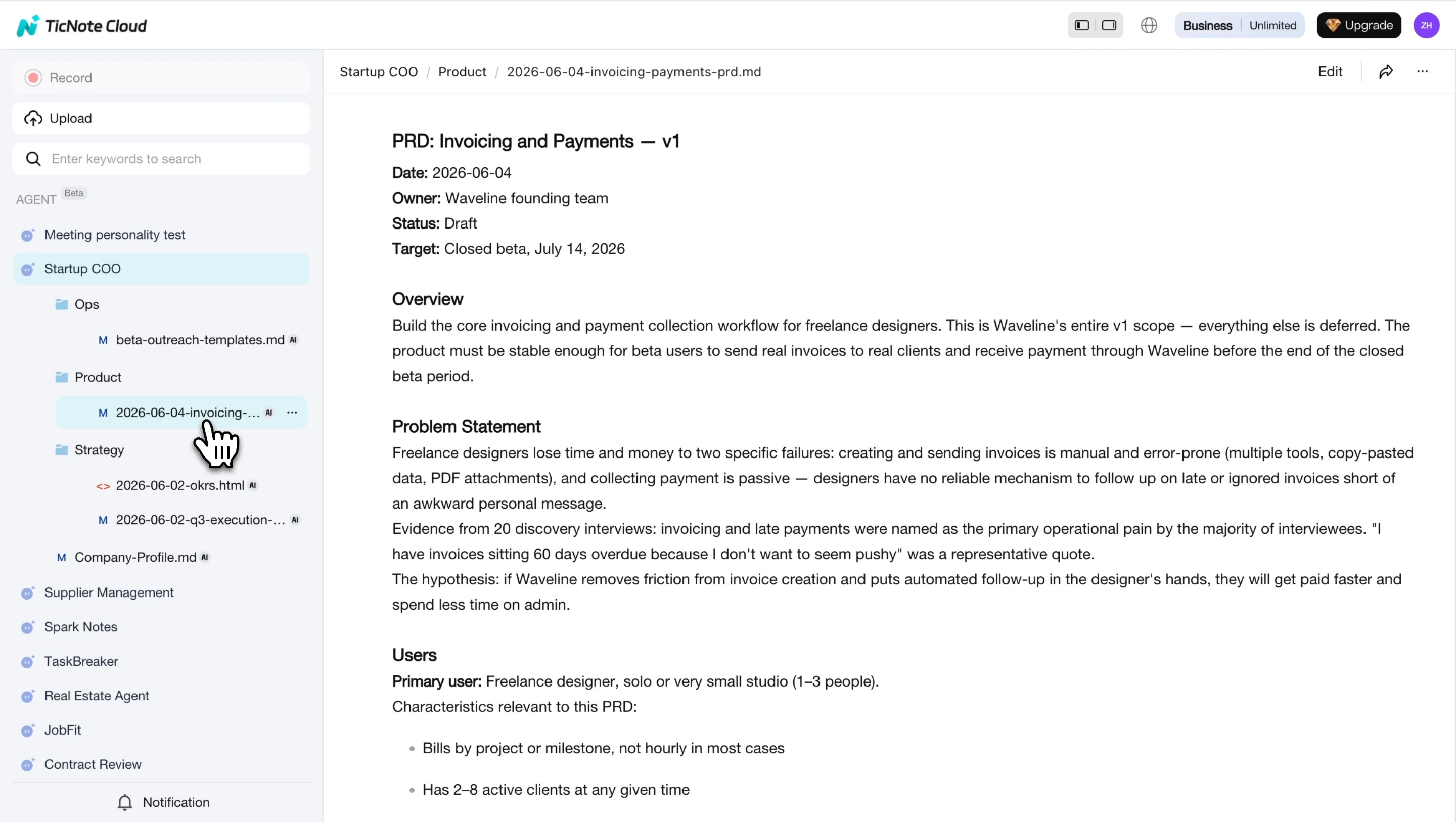 PRD file open in TicNote Cloud showing the product spec under Startup COO workspace PRD file open in TicNote Cloud showing the product spec under Startup COO workspace