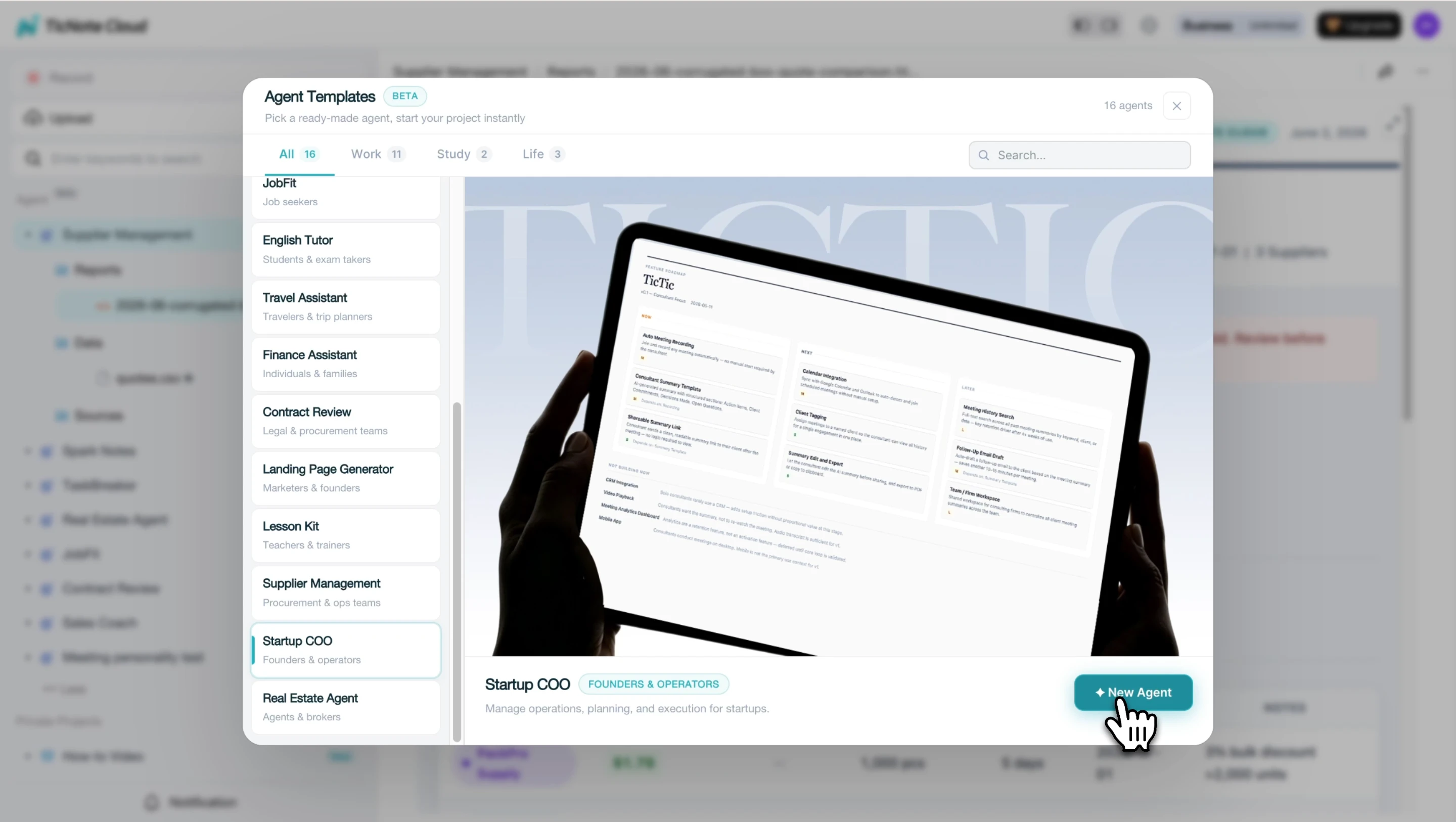 Startup COO listed in Agent Templates modal with preview panel Startup COO listed in Agent Templates modal with preview panel