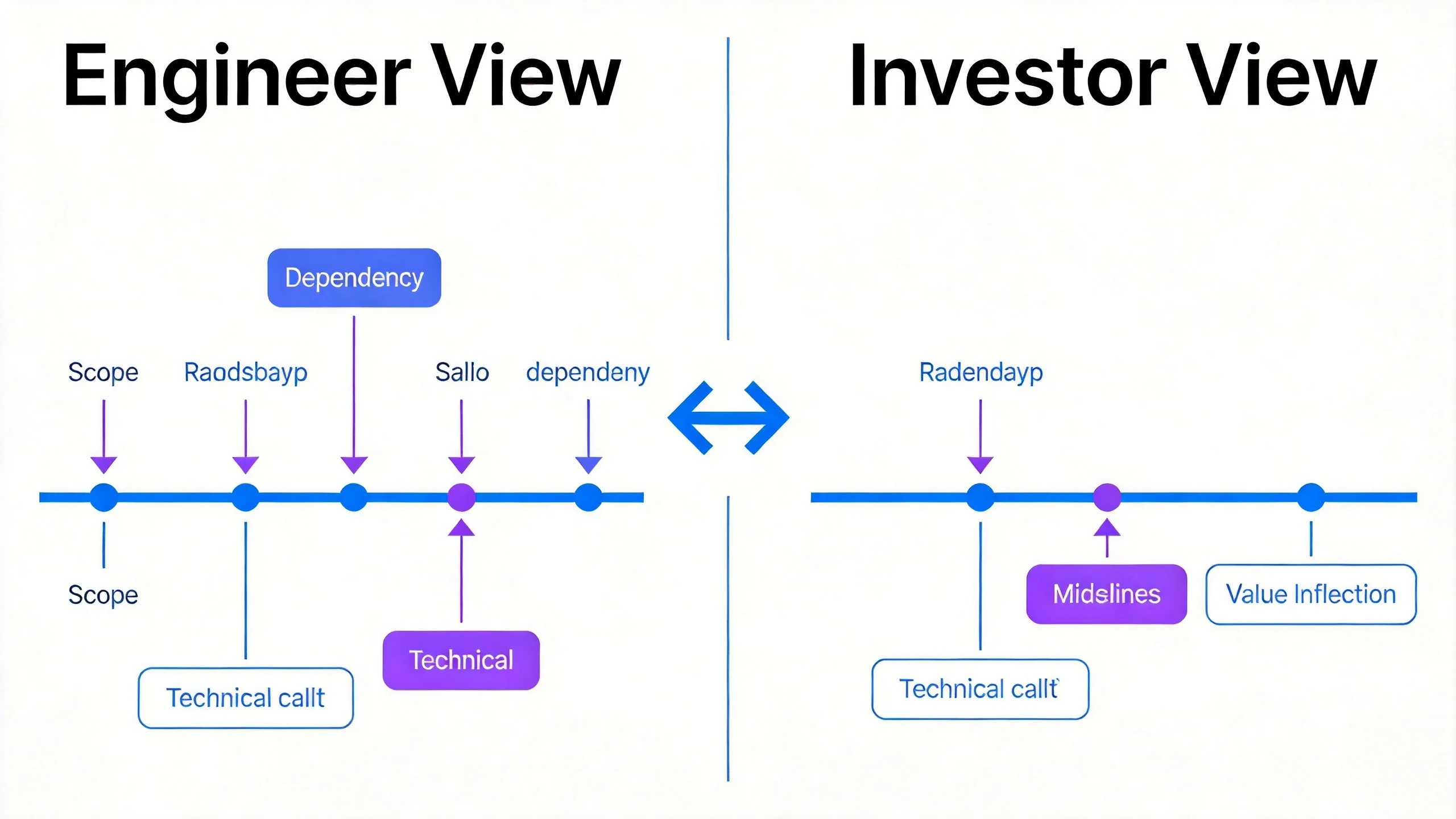 Startup roadmap split-panel showing engineer view with dependencies and investor view with milestones Startup roadmap split-panel showing engineer view with dependencies and investor view with milestones