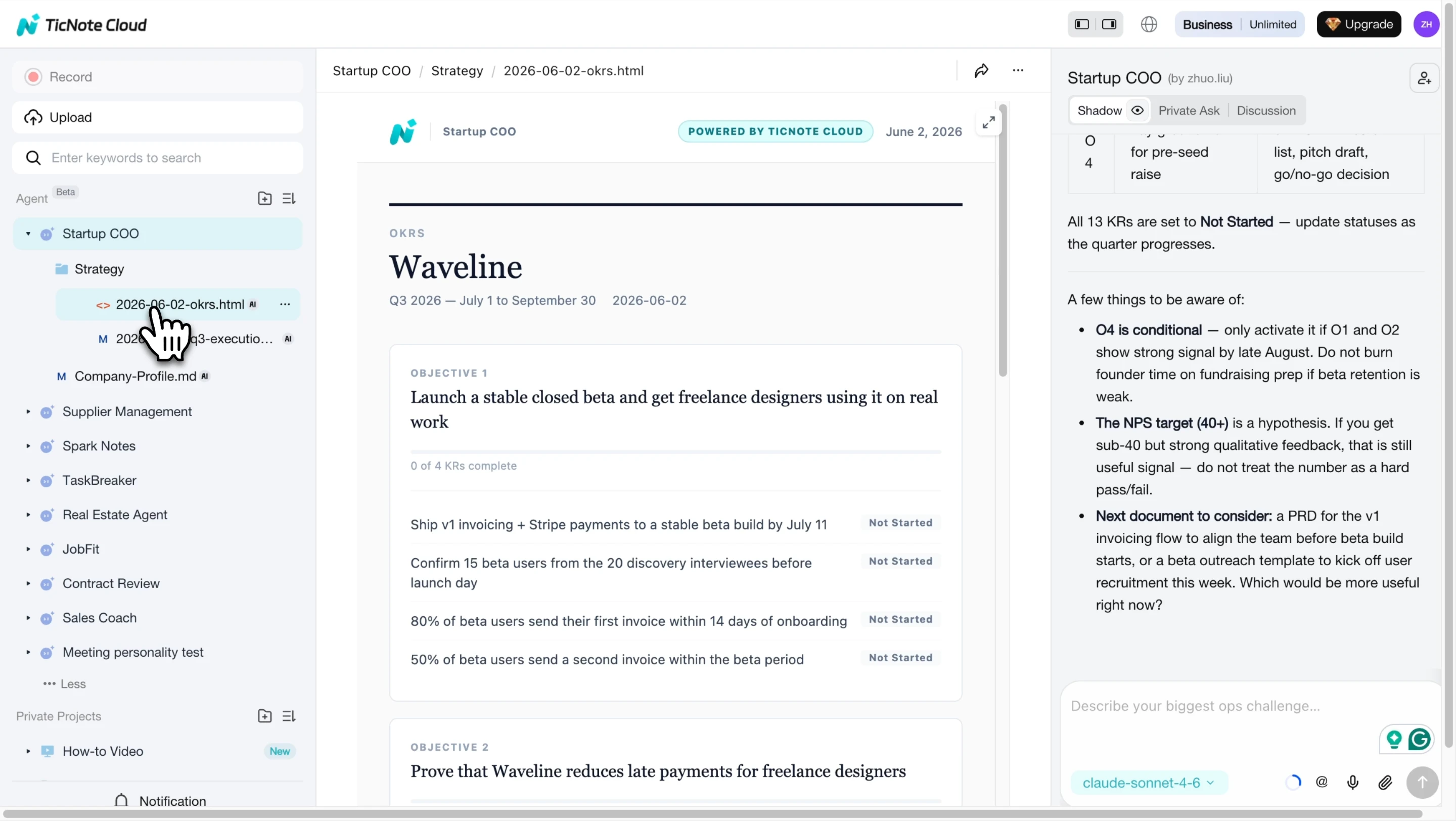 Final startup roadmap rendered as a visual HTML file with OKR board inside TicNote Cloud Final startup roadmap rendered as a visual HTML file with OKR board inside TicNote Cloud