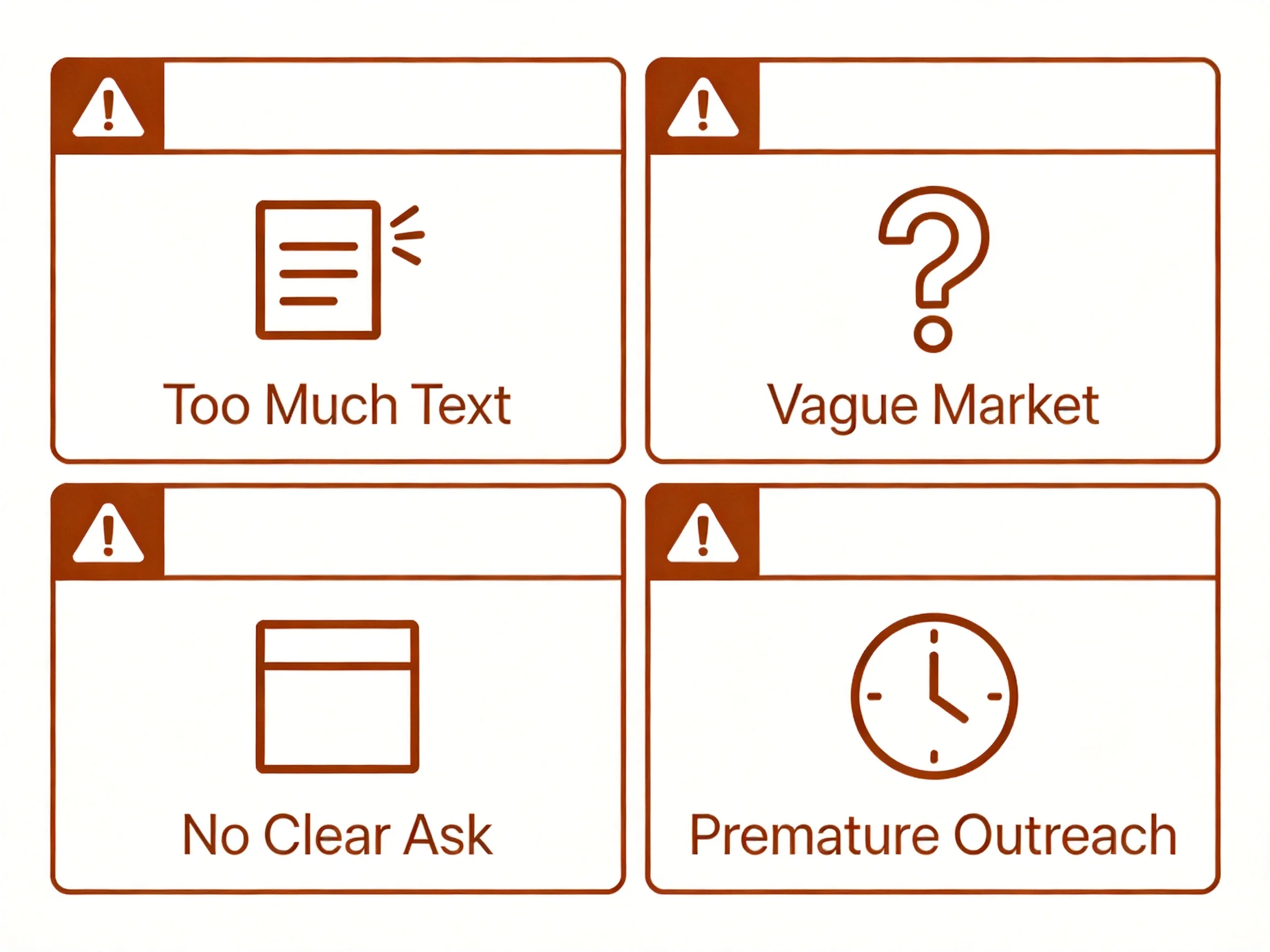 Four common startup one pager pitfalls: Too Much Text, Vague Market, No Clear Ask, Premature Outreach