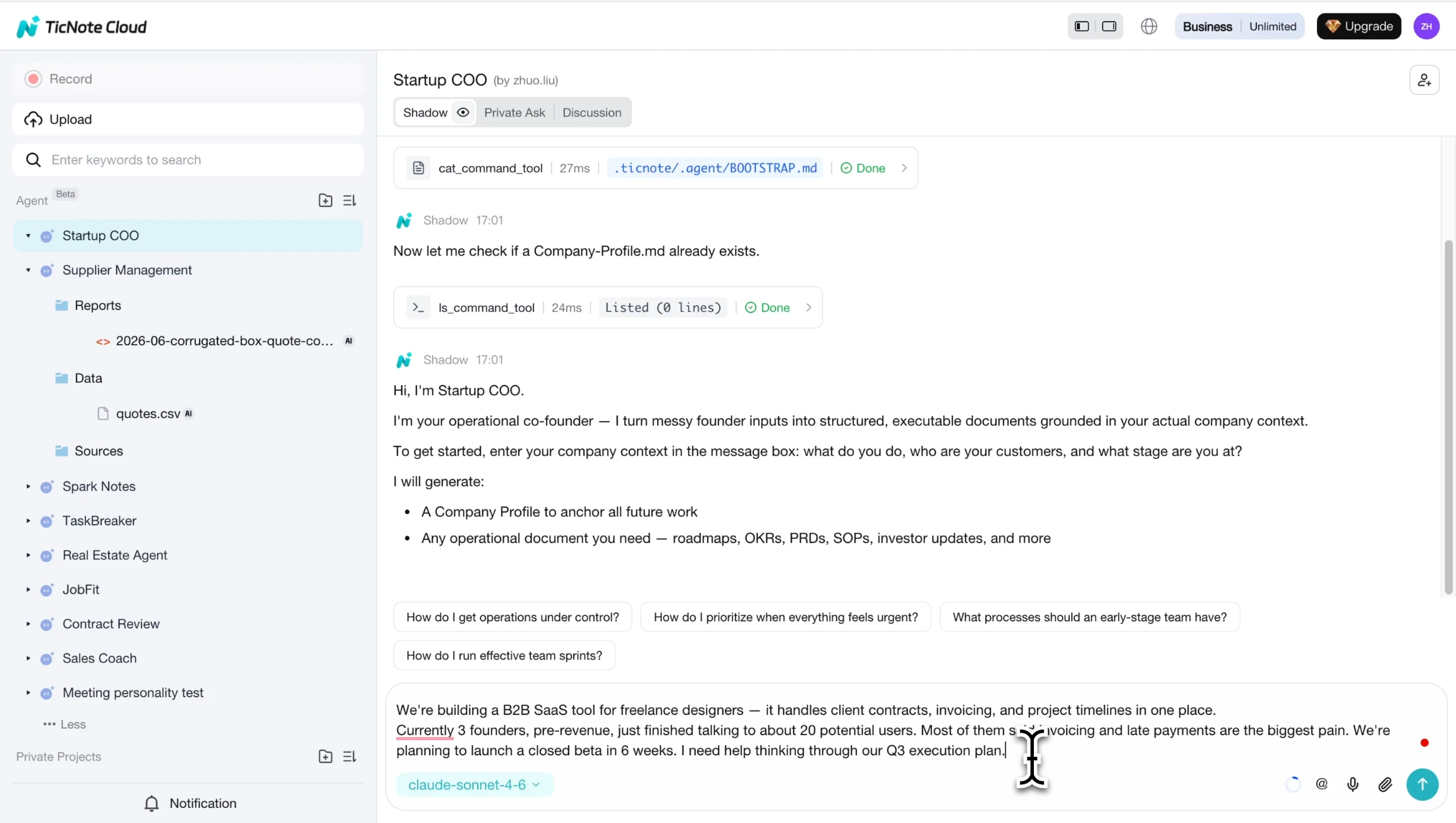 Typing Waveline company description into Startup COO chat