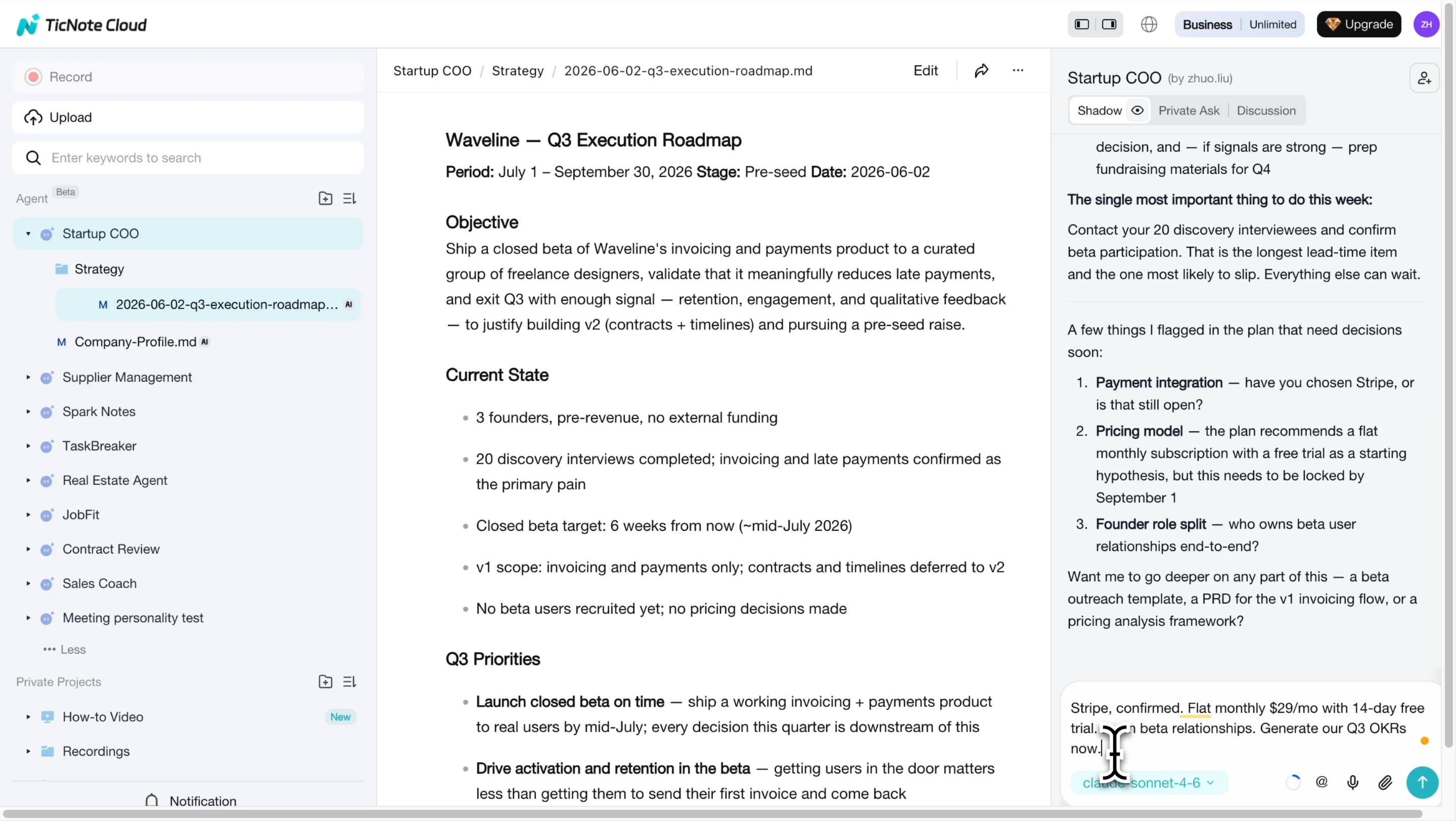 Startup COO roadmap draft open while agent asks clarifying questions