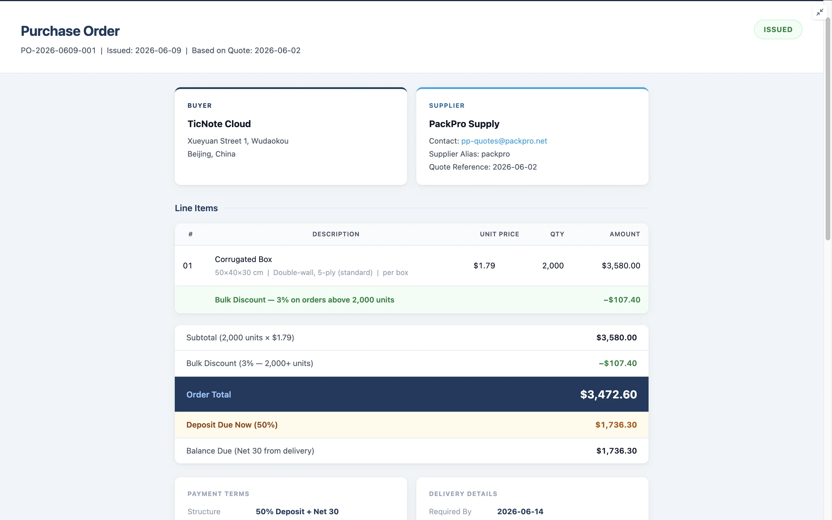 TicNote auto-generated purchase order showing line items and payment breakdown