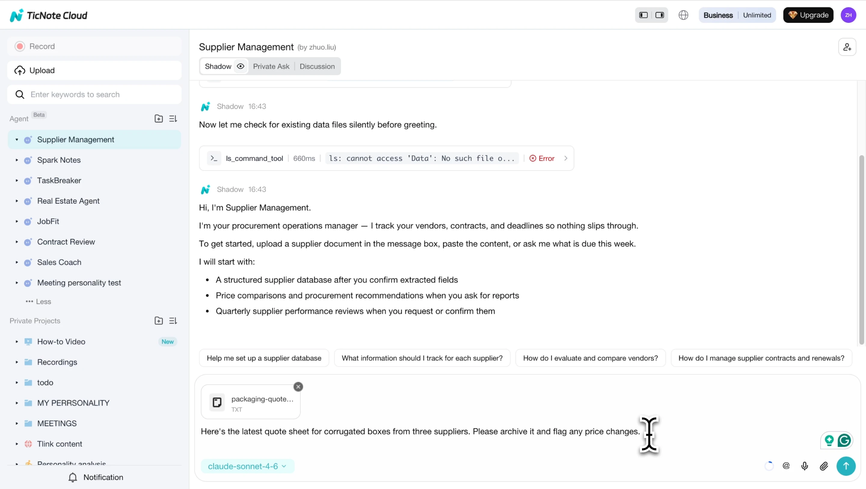 Attaching a quote sheet TXT file to Supplier Management agent chat Attaching a quote sheet TXT file to Supplier Management agent chat
