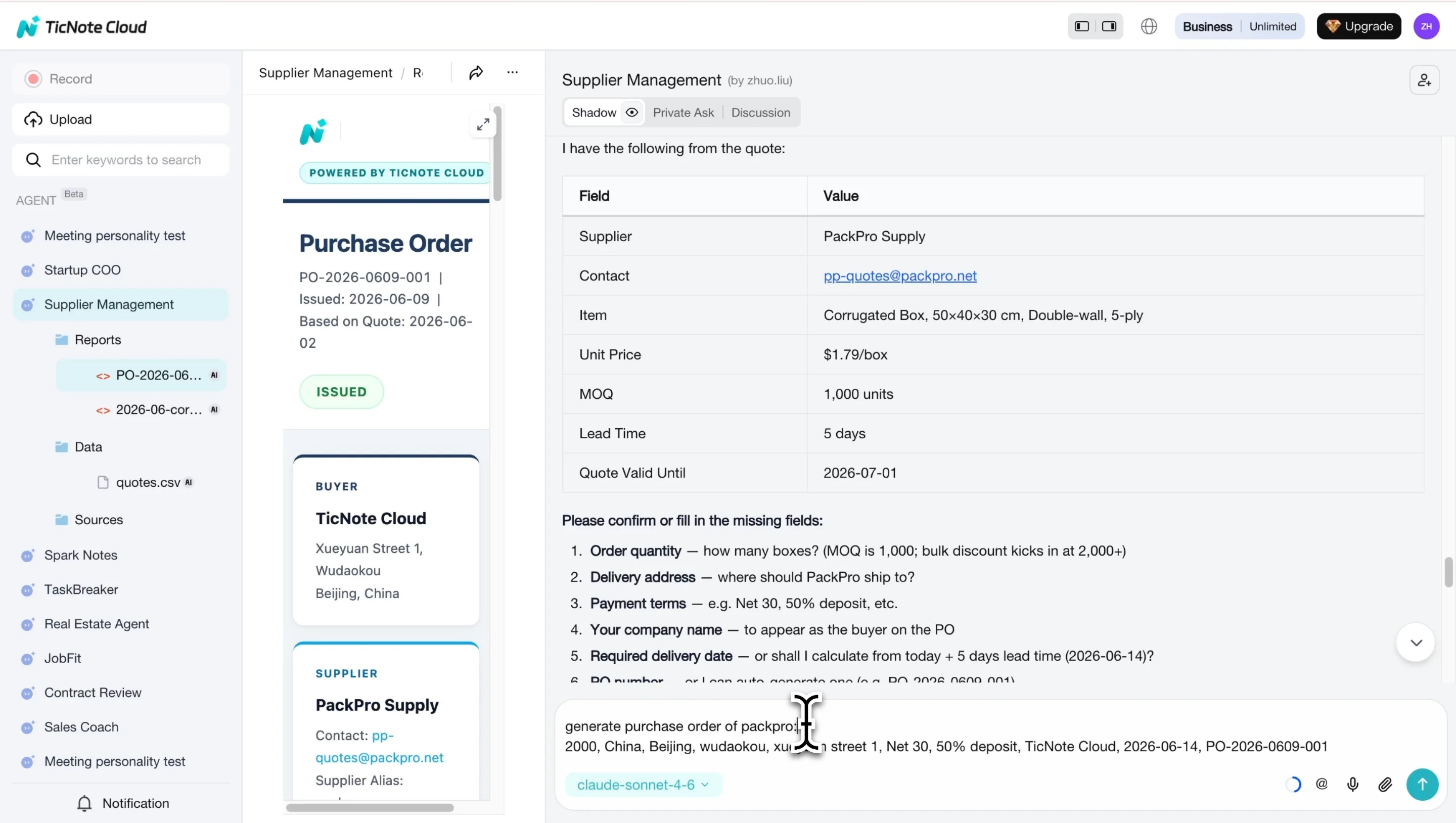 TicNote AI asking clarifying questions before generating a purchase order TicNote AI asking clarifying questions before generating a purchase order