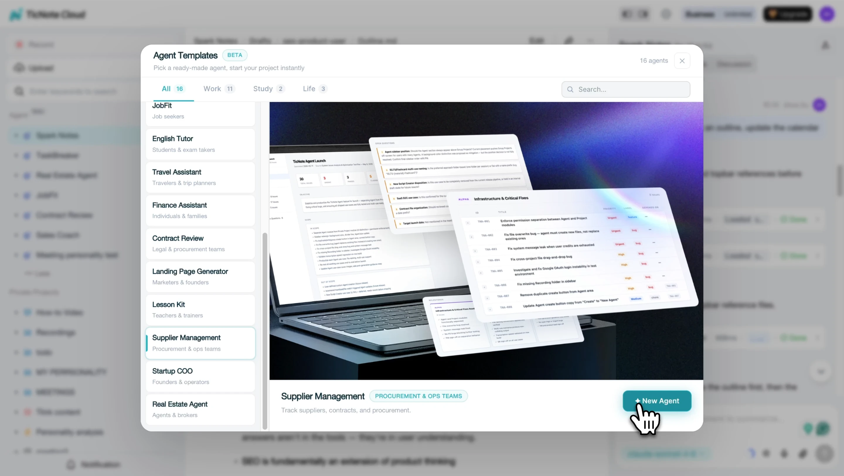 Supplier Management selected in Agent Templates modal with preview panel Supplier Management selected in Agent Templates modal with preview panel