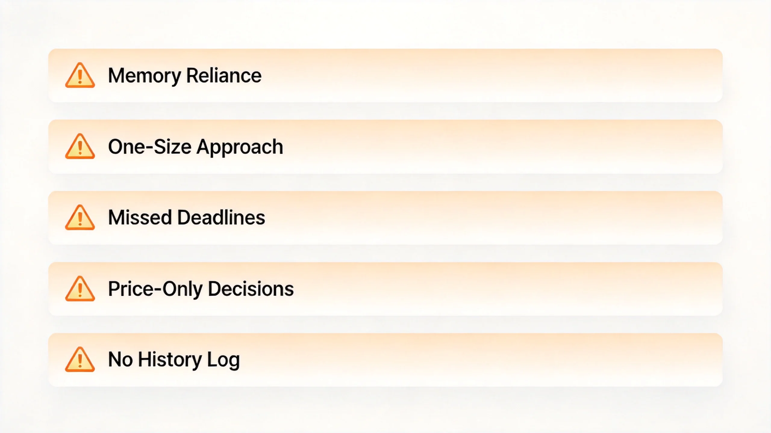 Five common supplier management failure points: Memory reliance, One-size approach, Missed deadlines, Price-only decisions, No history log Five common supplier management failure points: Memory reliance, One-size approach, Missed deadlines, Price-only decisions, No history log