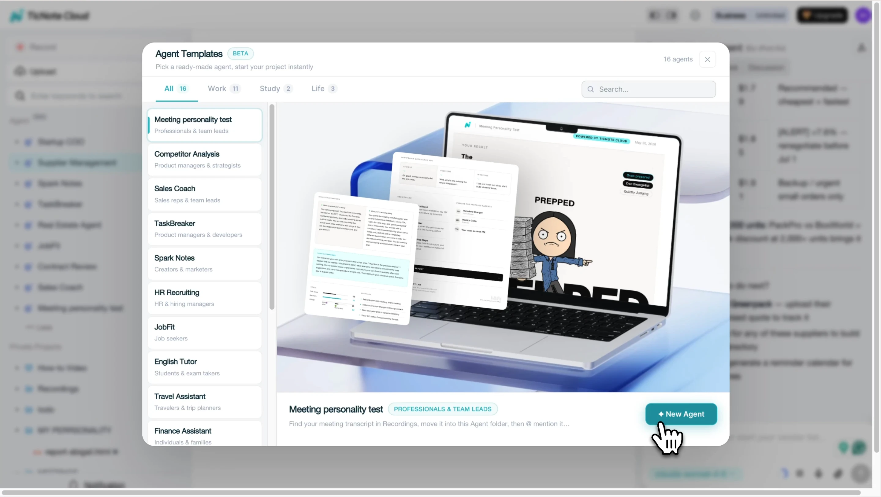 Choose meeting personality agent skill agent on TicNote Cloud