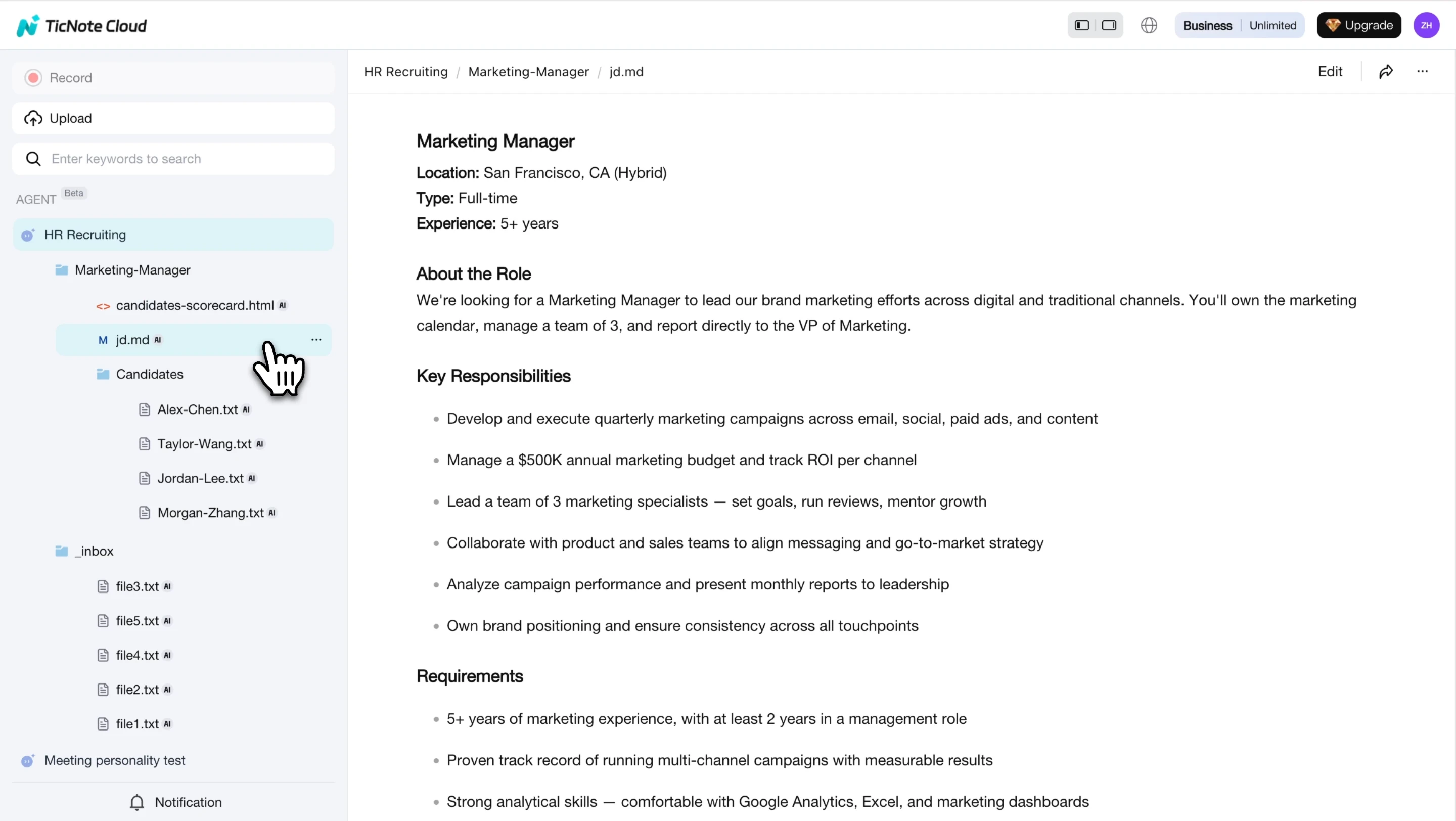 HR Recruiting evaluation report radar chart with 5 dimension scores for a candidate