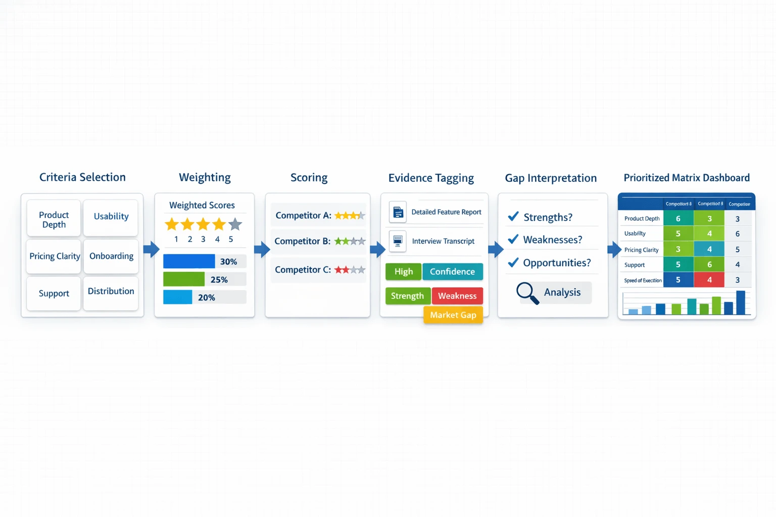 Workflow for competitor strengths and weaknesses scoring matrix
